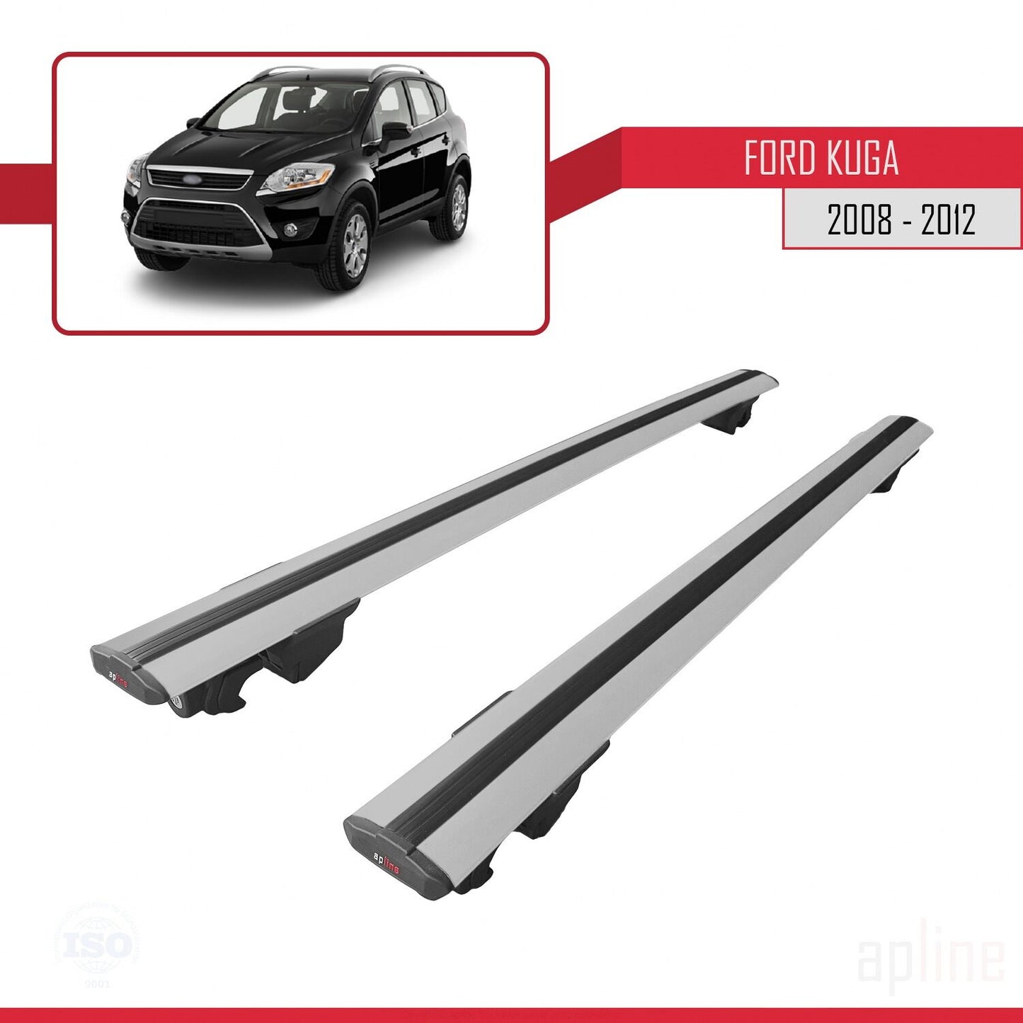 Compatibile con Ford Kuga (C394) 2008-2012 Modello HOOK Barre portatutto per auto Portapacchi in alluminio grigio 2 barre