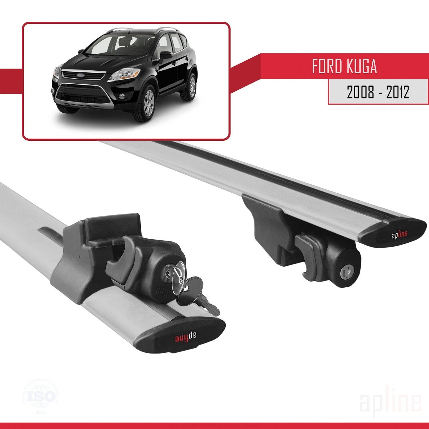 Compatibile con Ford Kuga (C394) 2008-2012 Modello HOOK Barre portatutto per auto Portapacchi in alluminio grigio 2 barre