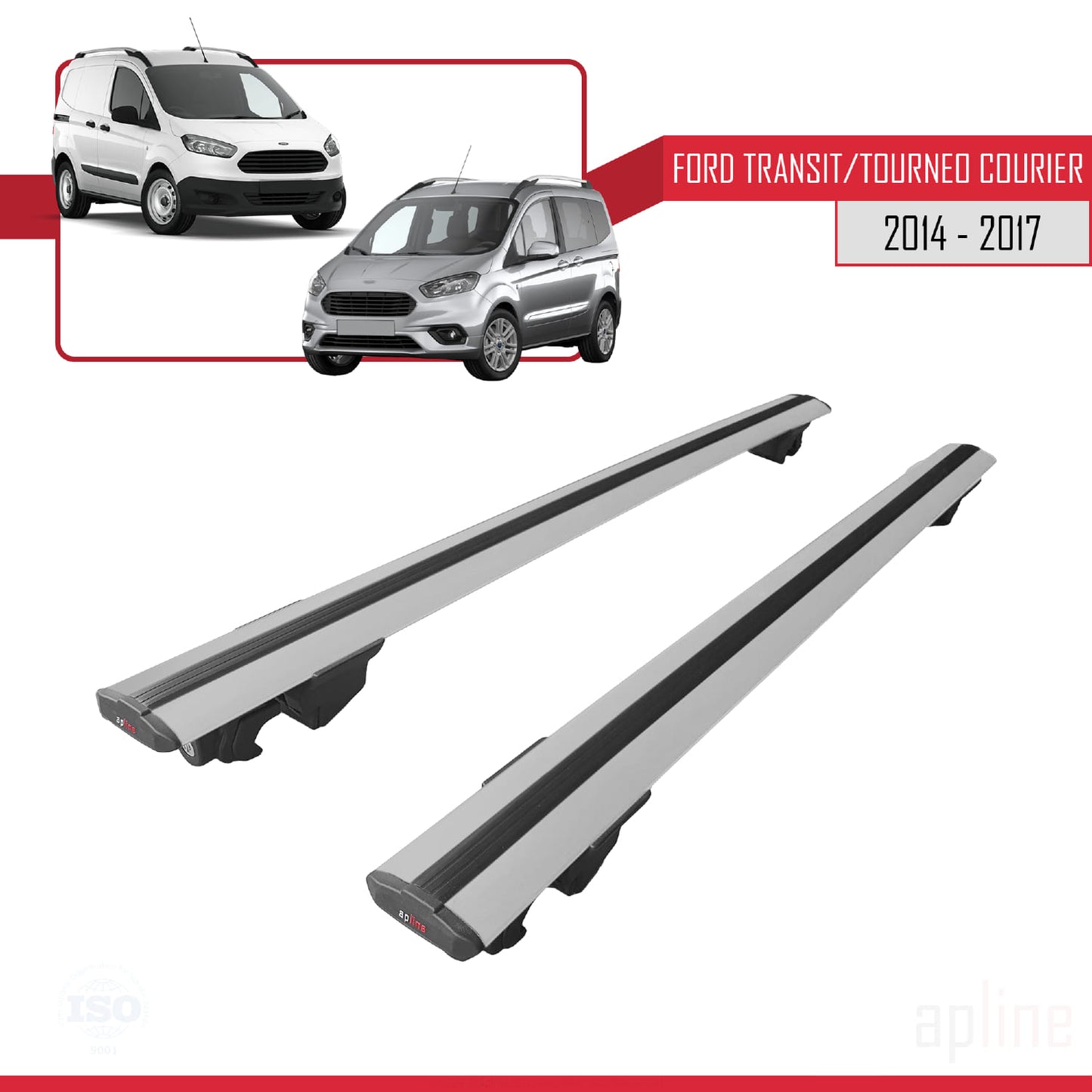 Compatibile con Ford Transit/Tourneo Courier Pre-Facelift 2014-2017 modello HOOK Barre portatutto per auto Portapacchi in alluminio grigio 2 barre