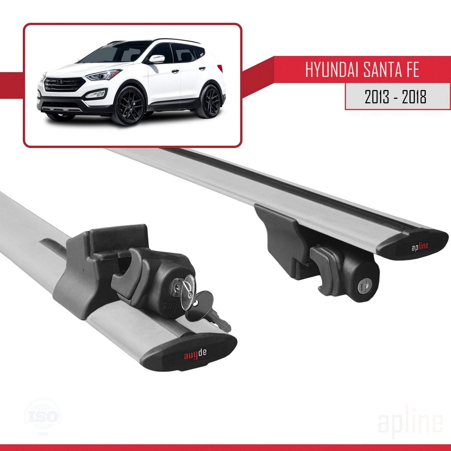 Compatibile con Hyundai Santa Fe 3 (DM) 2013-2018 modello HOOK Barre portatutto per auto Portapacchi in alluminio grigio 2 barre