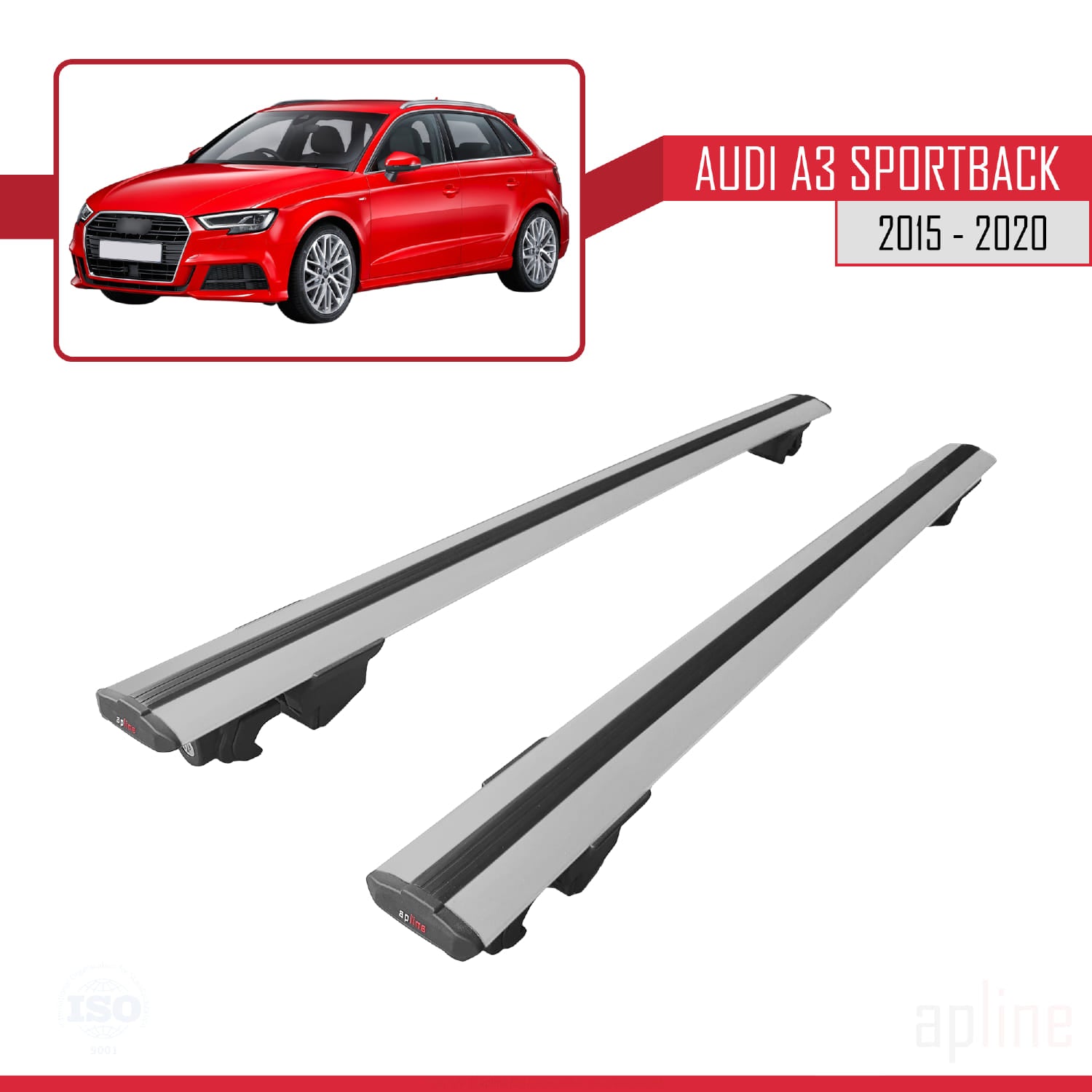 Compatible avec Audi A3 Sportback 2015-2020 HOOK Model Barres de Toit Railing Porte-Bagages de Voiture Gris Aluminium 2 Barres