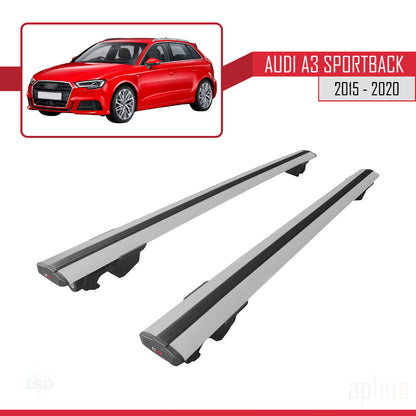 Compatible avec Audi A3 Sportback 2015-2020 HOOK Model Barres de Toit Railing Porte-Bagages de Voiture Gris Aluminium 2 Barres