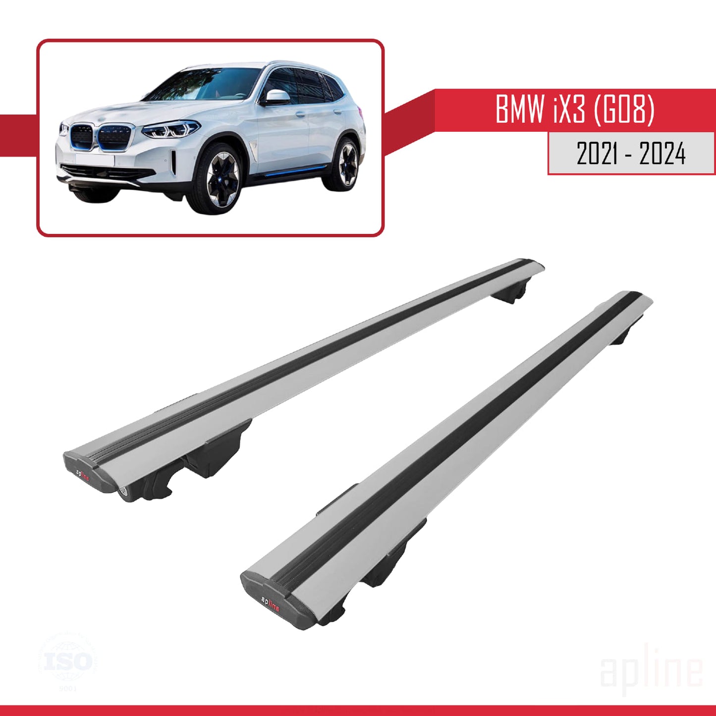Compatible avec BMW iX3 G08 2021-2024 HOOK Model Barres de Toit Railing Porte-Bagages de Voiture Gris Aluminium 2 Barres