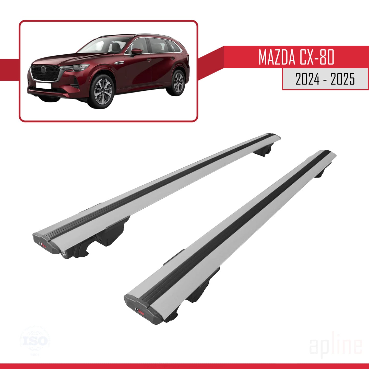 Compatible avec Mazda CX-80 2024-2025 HOOK Model Barres de Toit Railing Porte-Bagages de Voiture Gris Aluminium 2 Barres