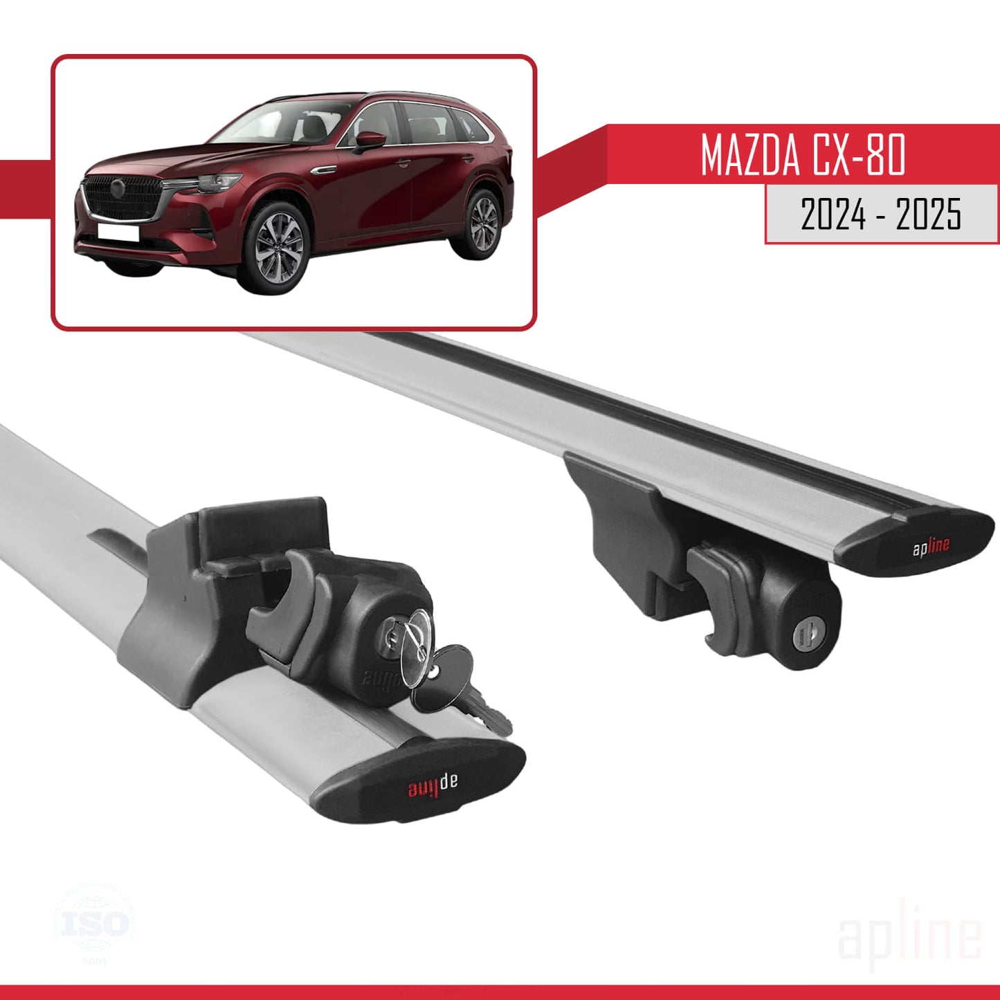 Compatible avec Mazda CX-80 2024-2025 HOOK Model Barres de Toit Railing Porte-Bagages de Voiture Gris Aluminium 2 Barres