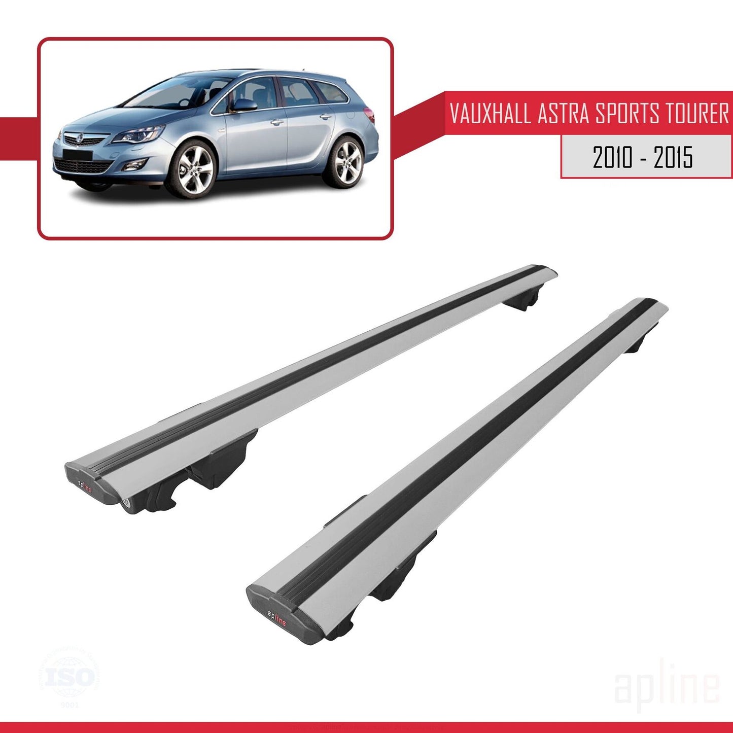 Compatible avec Vauxhall Astra J (P09) ST 2010-2015 HOOK Model Barres de Toit Railing Porte-Bagages de Voiture Gris Aluminium 2 Barres
