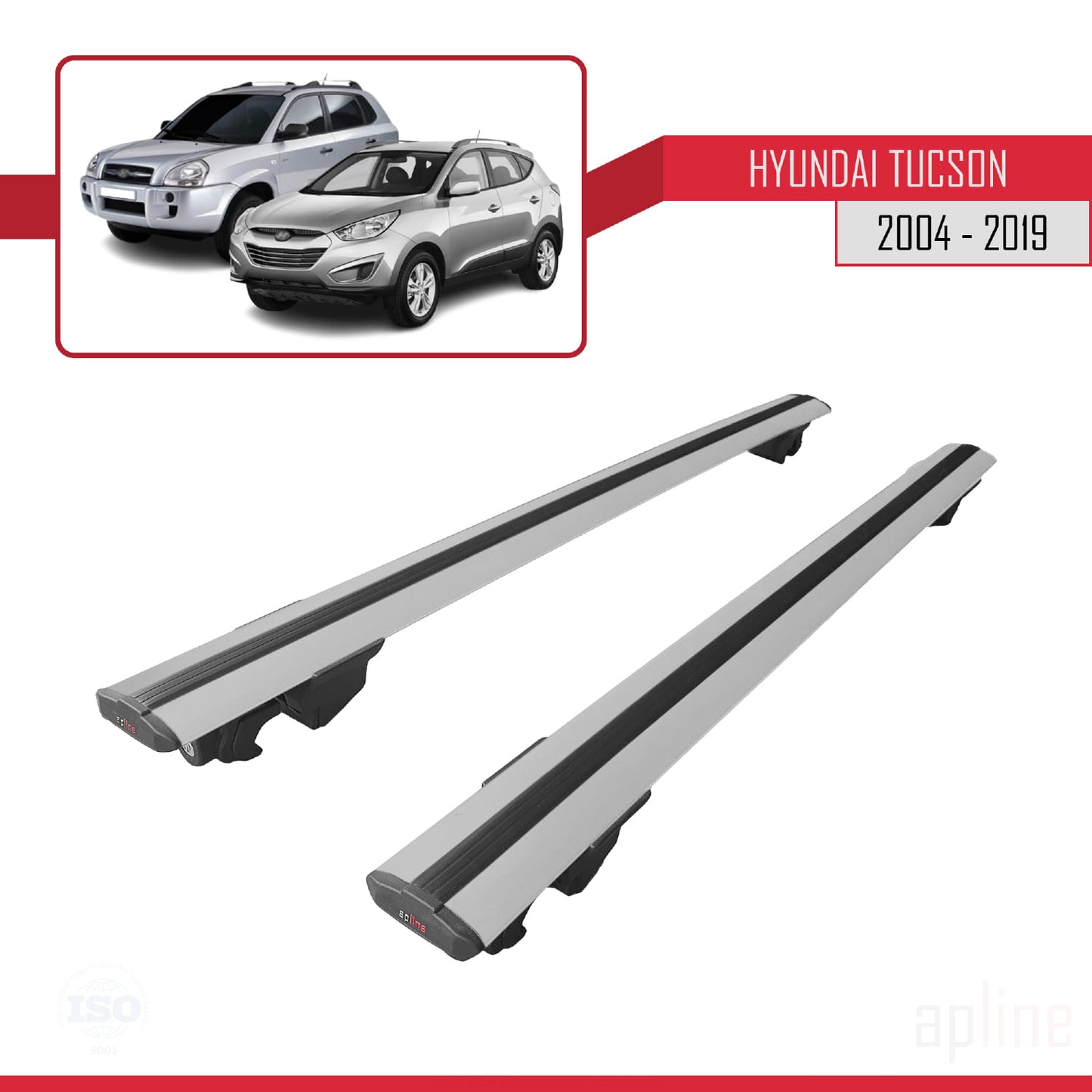Compatibile con Hyundai Tucson (JM) 2004-2019 modello HOOK Barre portatutto per auto Portapacchi in alluminio grigio 2 barre