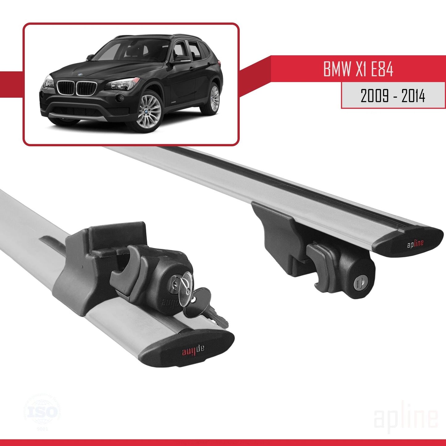Kompatibel mit BMW X1 (E84) 2010-2015 HOOK Modell Dachgepäckträger, graues Aluminium, 2 Stangen