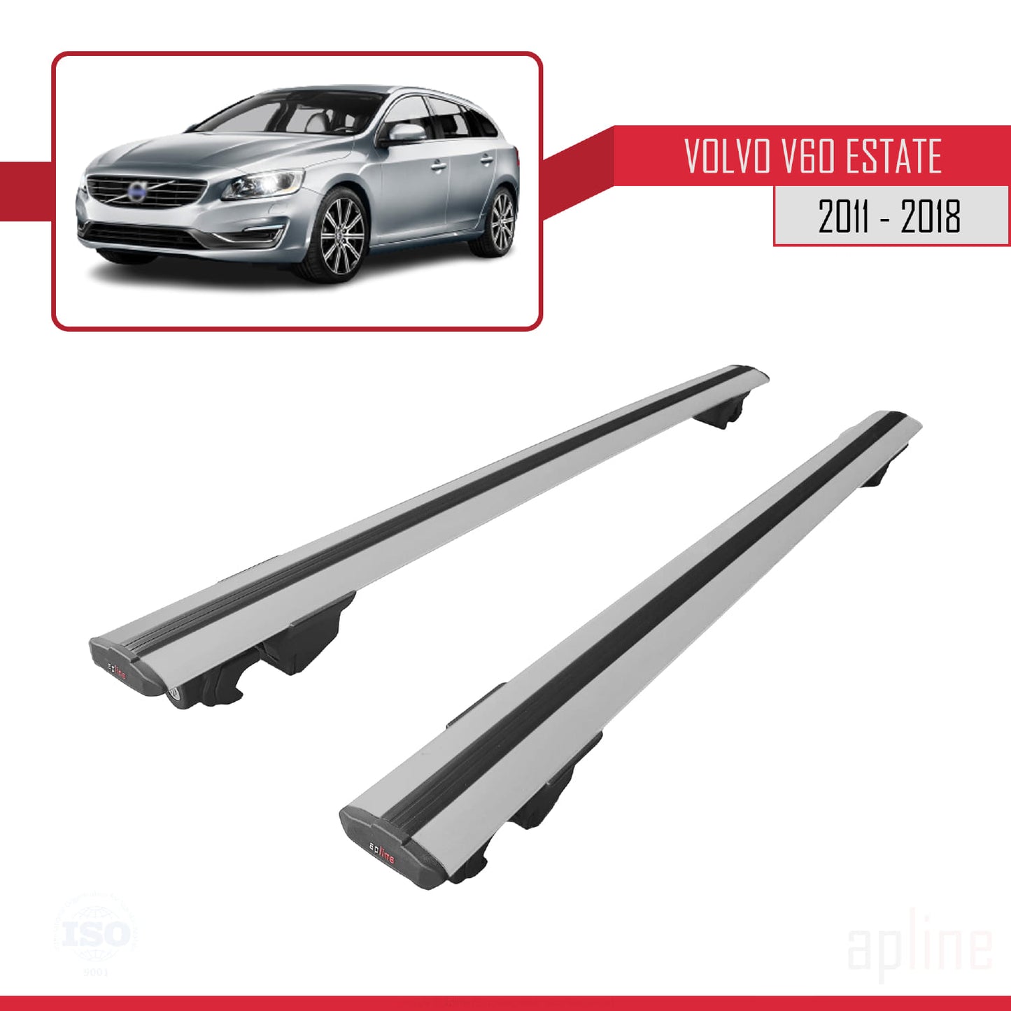 Compatible avec Volvo V60 2011-2018 HOOK Model Barres de Toit Railing Porte-Bagages de Voiture Gris Aluminium 2 Barres