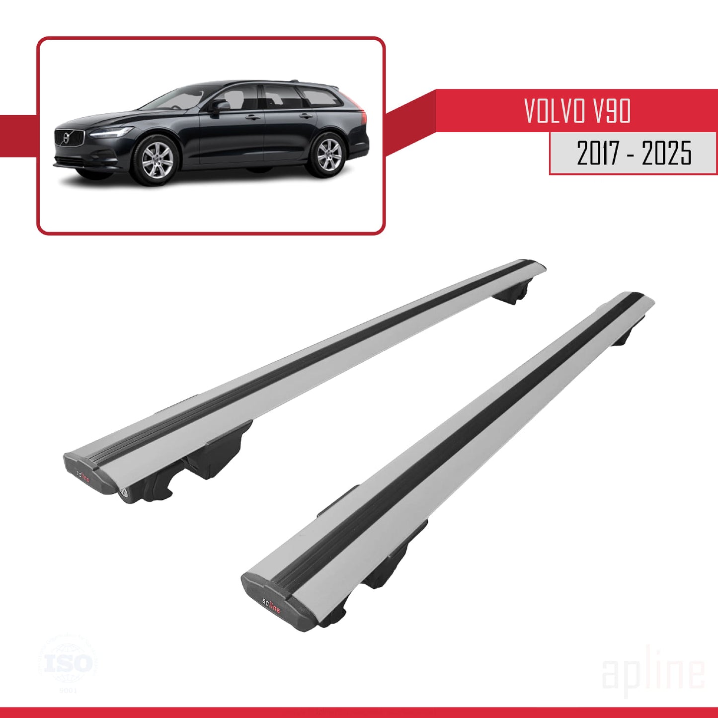 Compatible avec Volvo V90 2017-2025 HOOK Model Barres de Toit Railing Porte-Bagages de Voiture Gris Aluminium 2 Barres