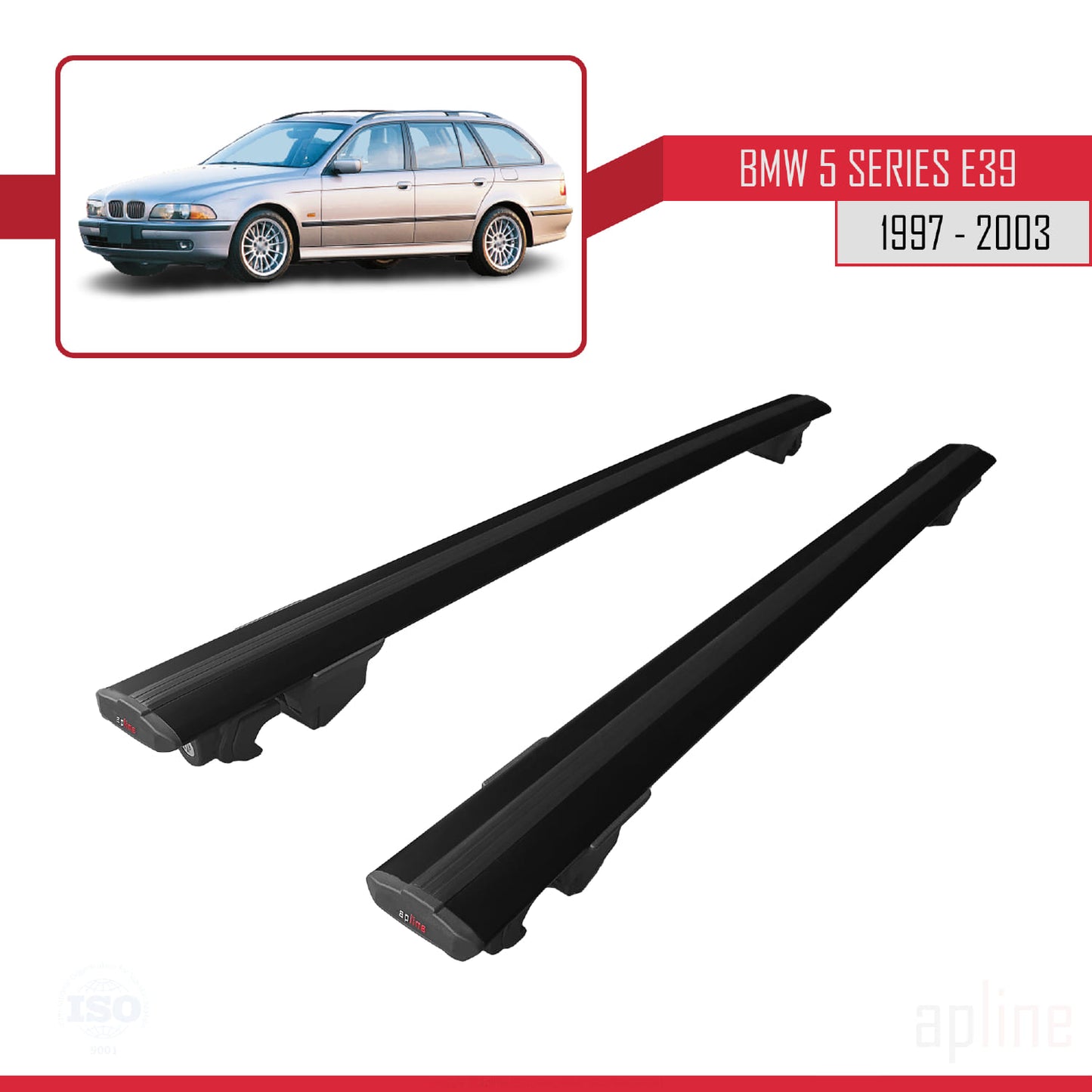 Compatible avec BMW Série 5 (E39) Touring 1997-2003 HOOK Model Barres de Toit Railing Porte-Bagages de Voiture Noir Aluminium 2 Barres