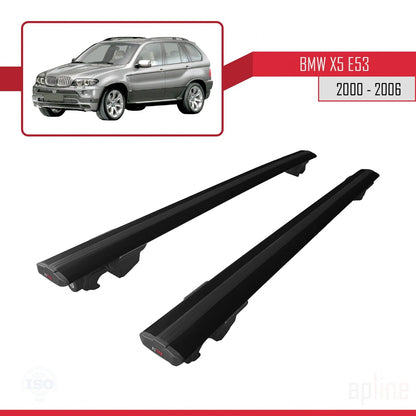 Kompatibel mit BMW X5 (E53) 2000-2006 HOOK Modell Dachgepäckträger, schwarzes Aluminium, 2 Stangen