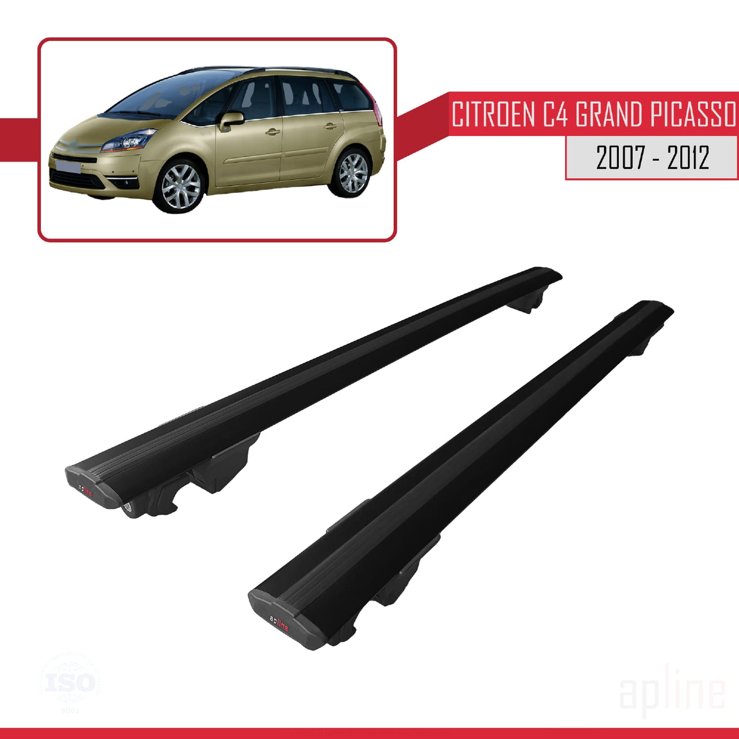 Kompatibel mit Citroen Grand C4 Picasso 2007-2012 HOOK Modell Dachgepäckträger, schwarzes Aluminium, 2 Stangen