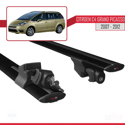 Kompatibel mit Citroen Grand C4 Picasso 2007-2012 HOOK Modell Dachgepäckträger, schwarzes Aluminium, 2 Stangen