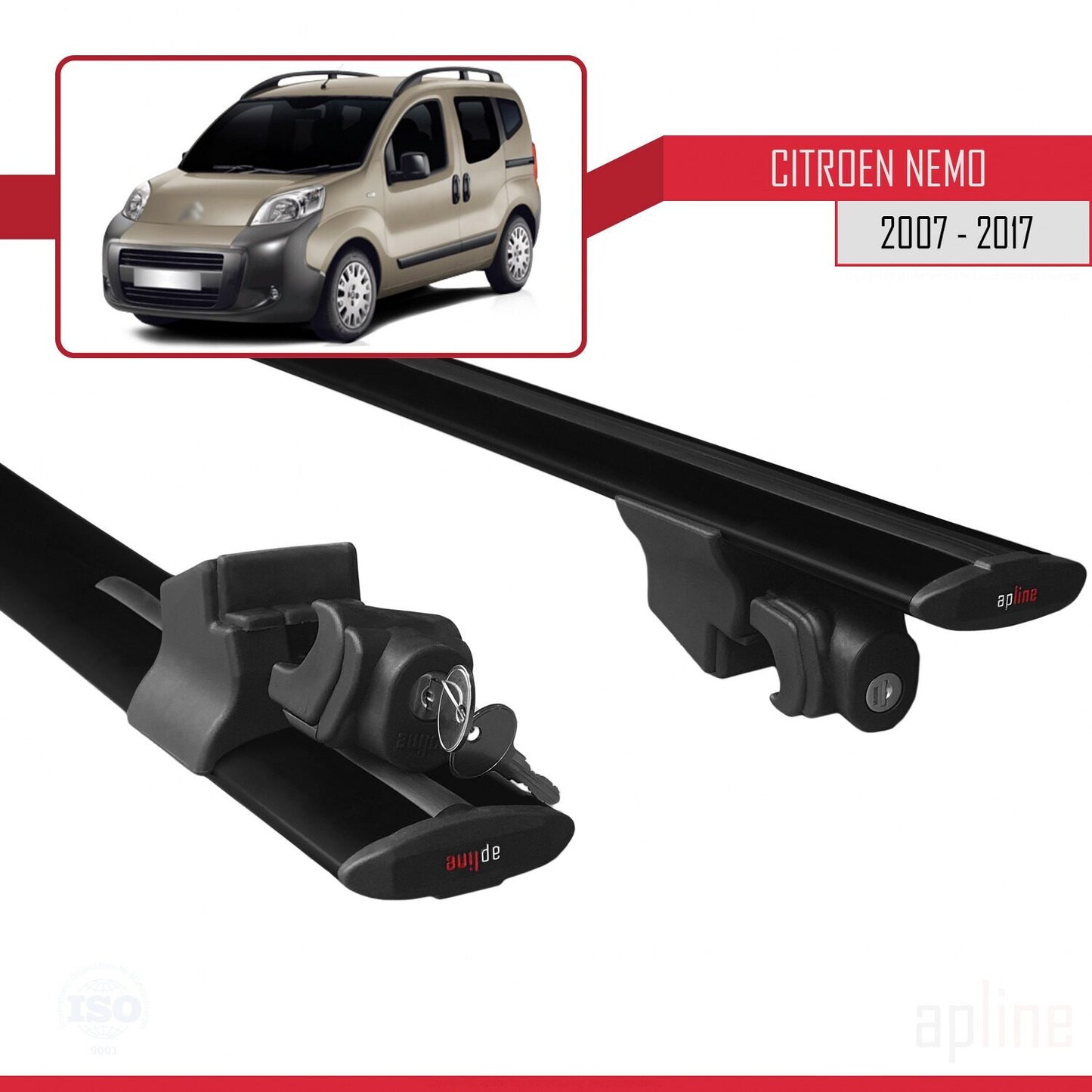Kompatibel mit Citroen Nemo 3 (225) 2007-2017 HOOK Modell Dachgepäckträger, schwarzes Aluminium, 2 Stangen