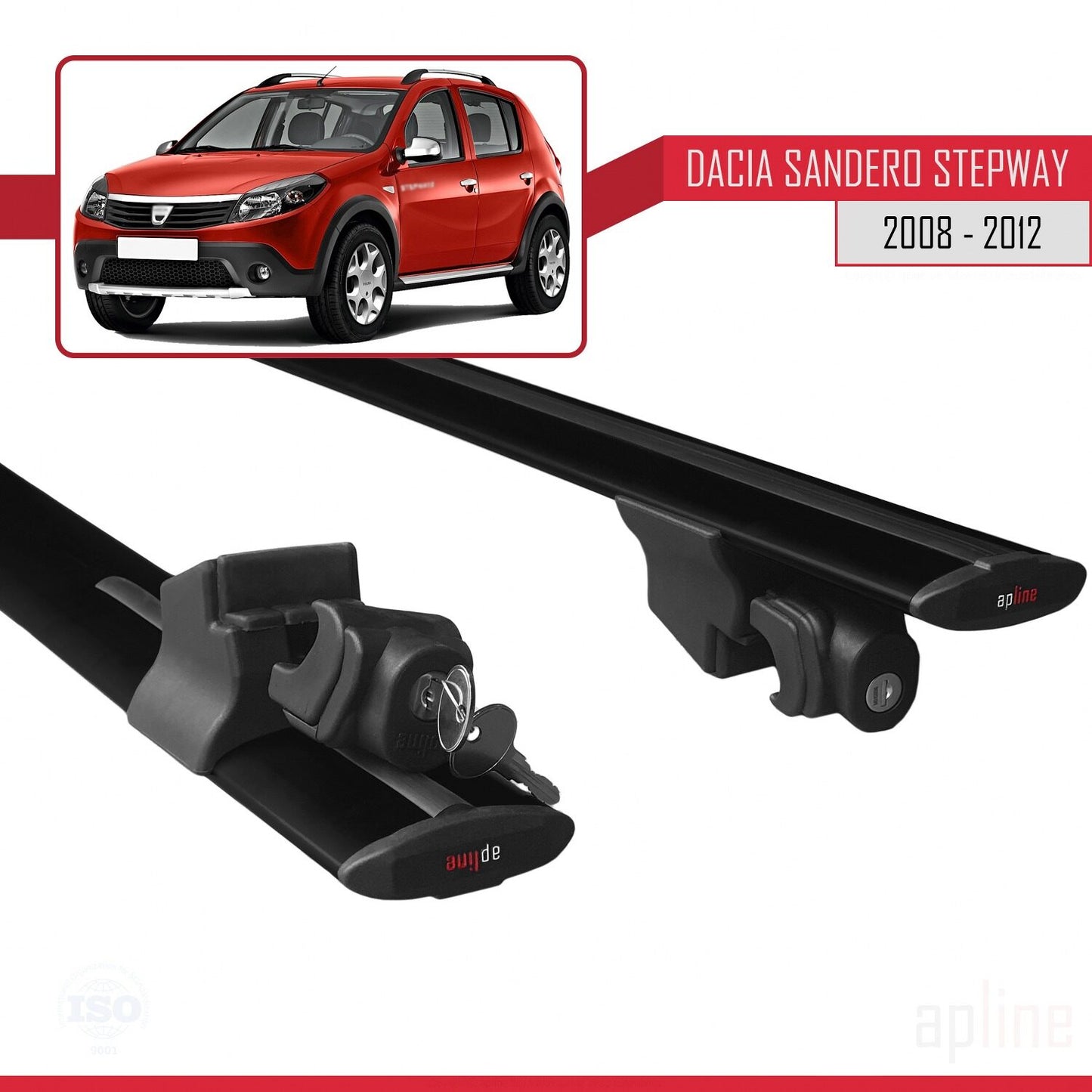 Kompatibel mit Dacia Sandero Stepway 2008-2012 HOOK Modell Dachgepäckträger, Gepäckträger, schwarzes Aluminium, 2 Stangen