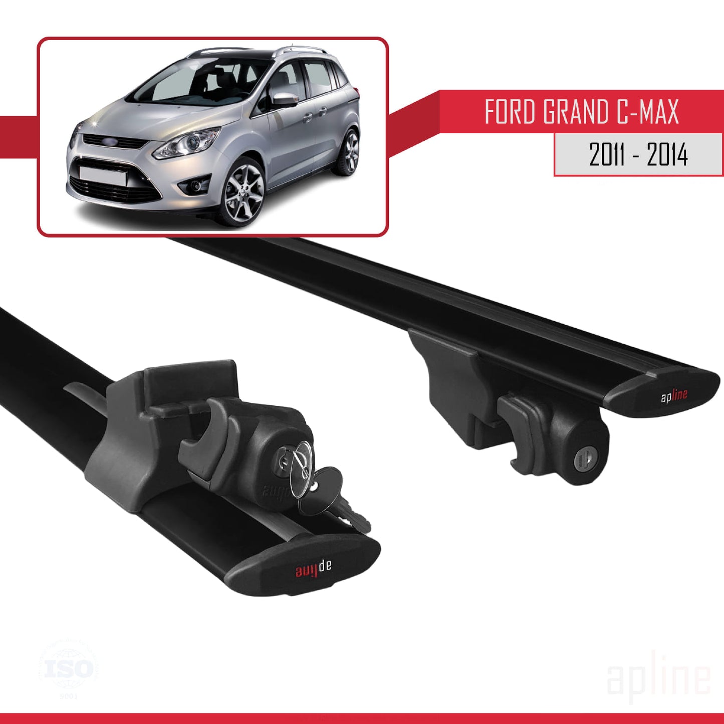 Compatibile con Ford Grand C-Max (C344) Pre-Facelift 2011-2014 Modello HOOK Barre portatutto per auto Portapacchi in alluminio nero 2 barre