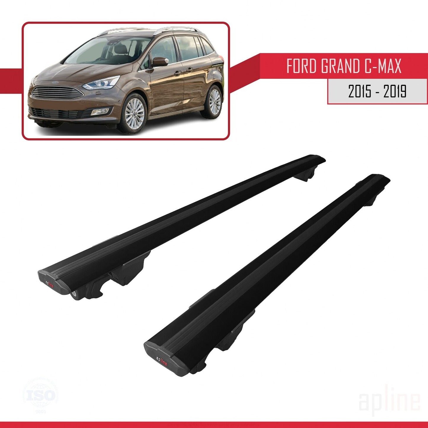 Compatibile con Ford Grand C-Max (C344) Post-Facelift 2015-2019 Modello HOOK Barre portatutto per auto Portapacchi in alluminio nero 2 barre