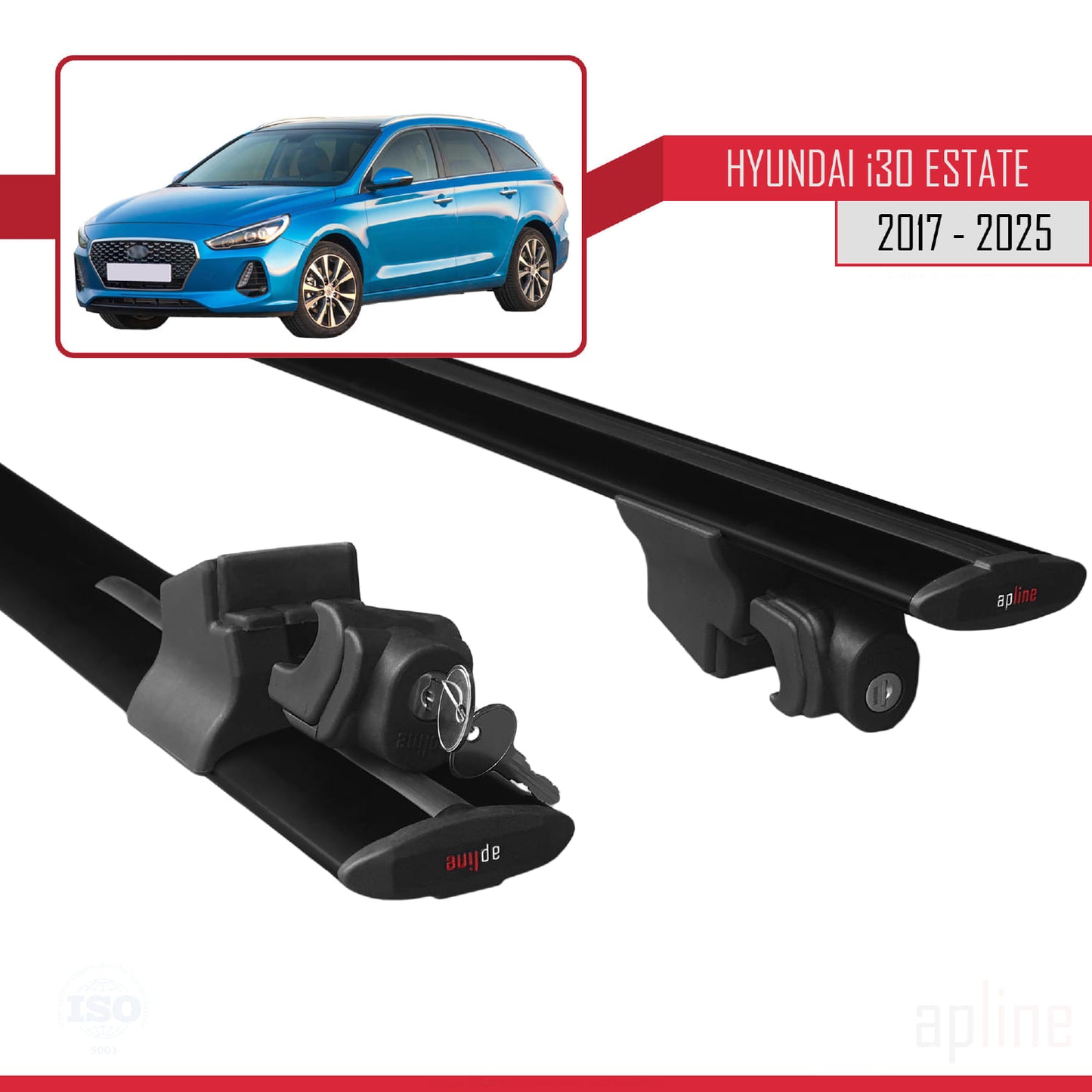 Compatibile con Hyundai i30 3 (PD) Station Wagon 2017-2025 Modello HOOK Barre portatutto per auto Portapacchi in alluminio nero 2 barre