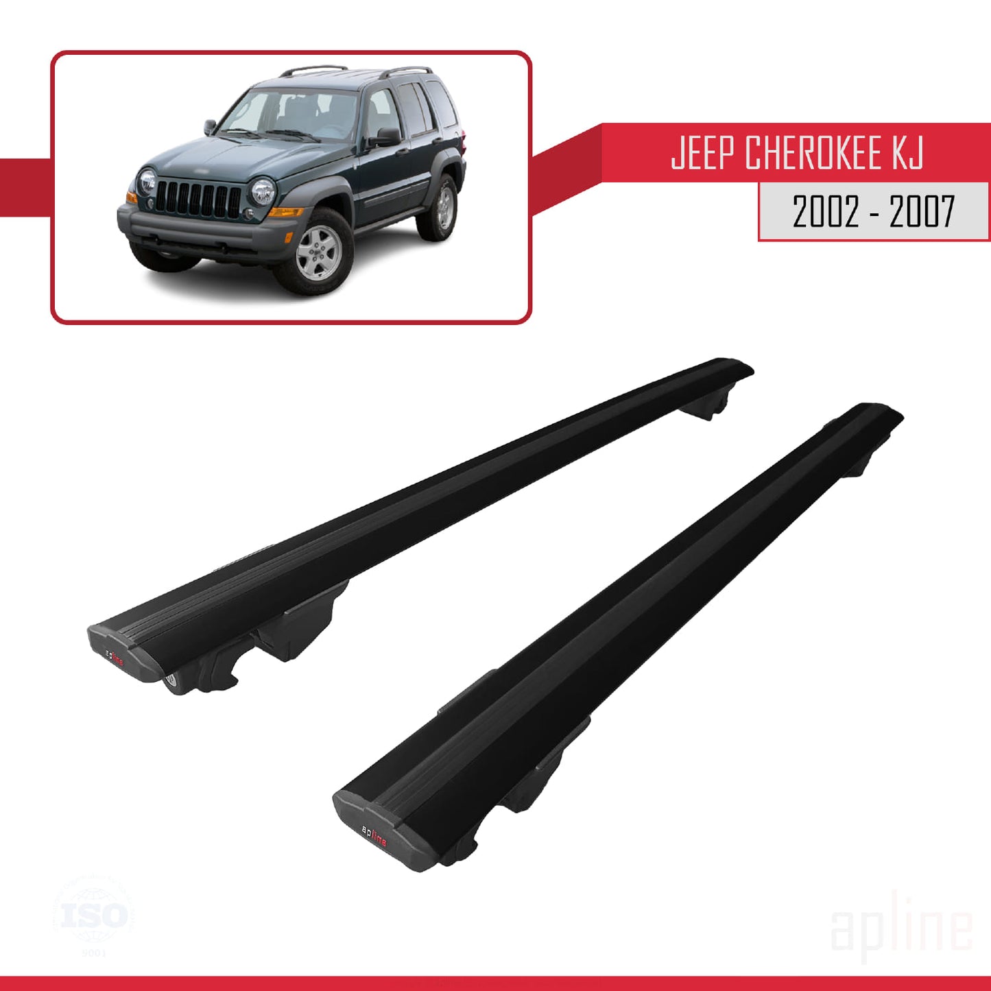 Compatible with Jeep Cherokee 3 (KJ) 2002-2007 HOOK Model Car Roof Rack Cross Bar Black Aluminium 2 Bars