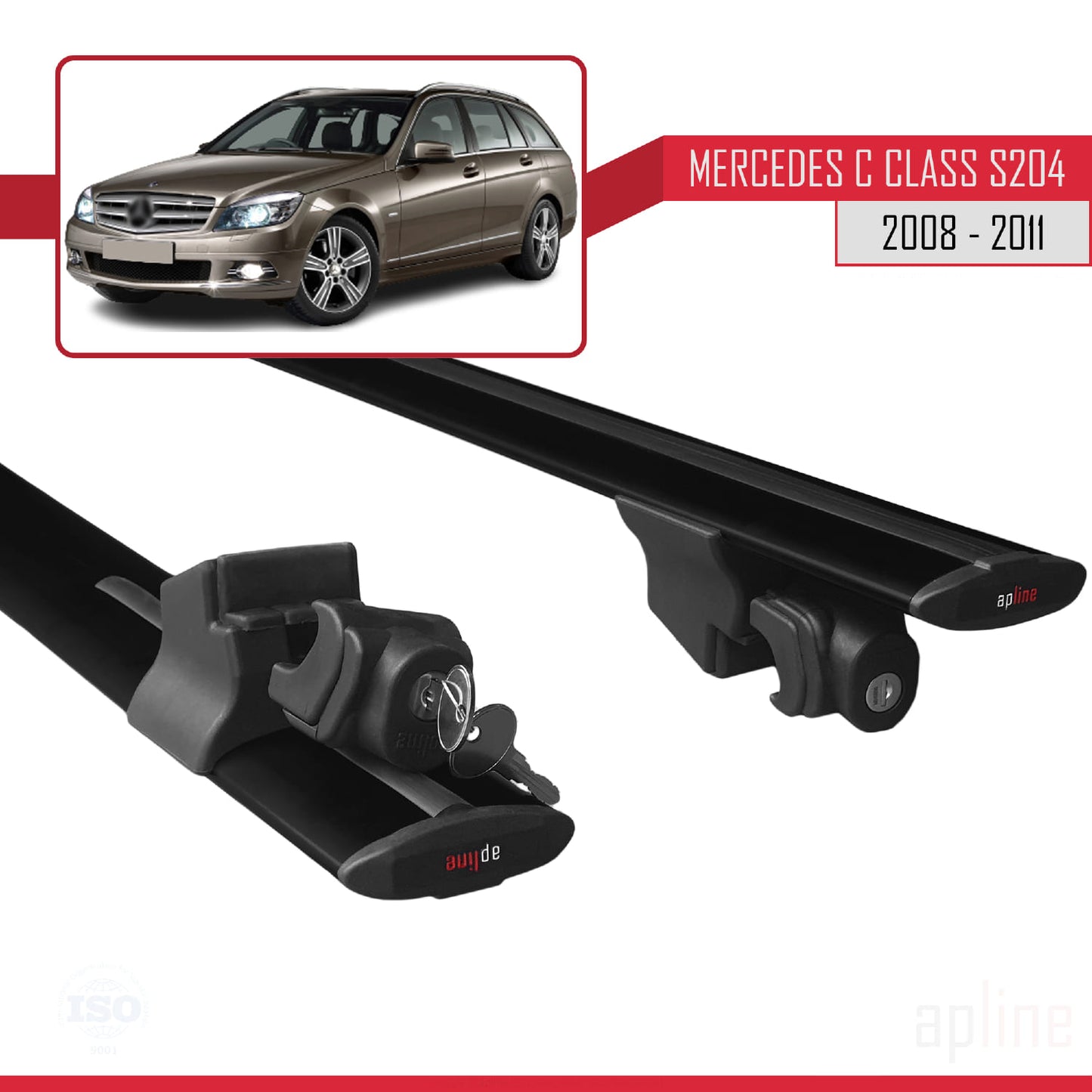 Compatible avec Mercedes Classe C 3 (S204) Pre-Facelift 2008-2011 HOOK Model Barres de Toit Railing Porte-Bagages de Voiture Noir Aluminium 2 Barres