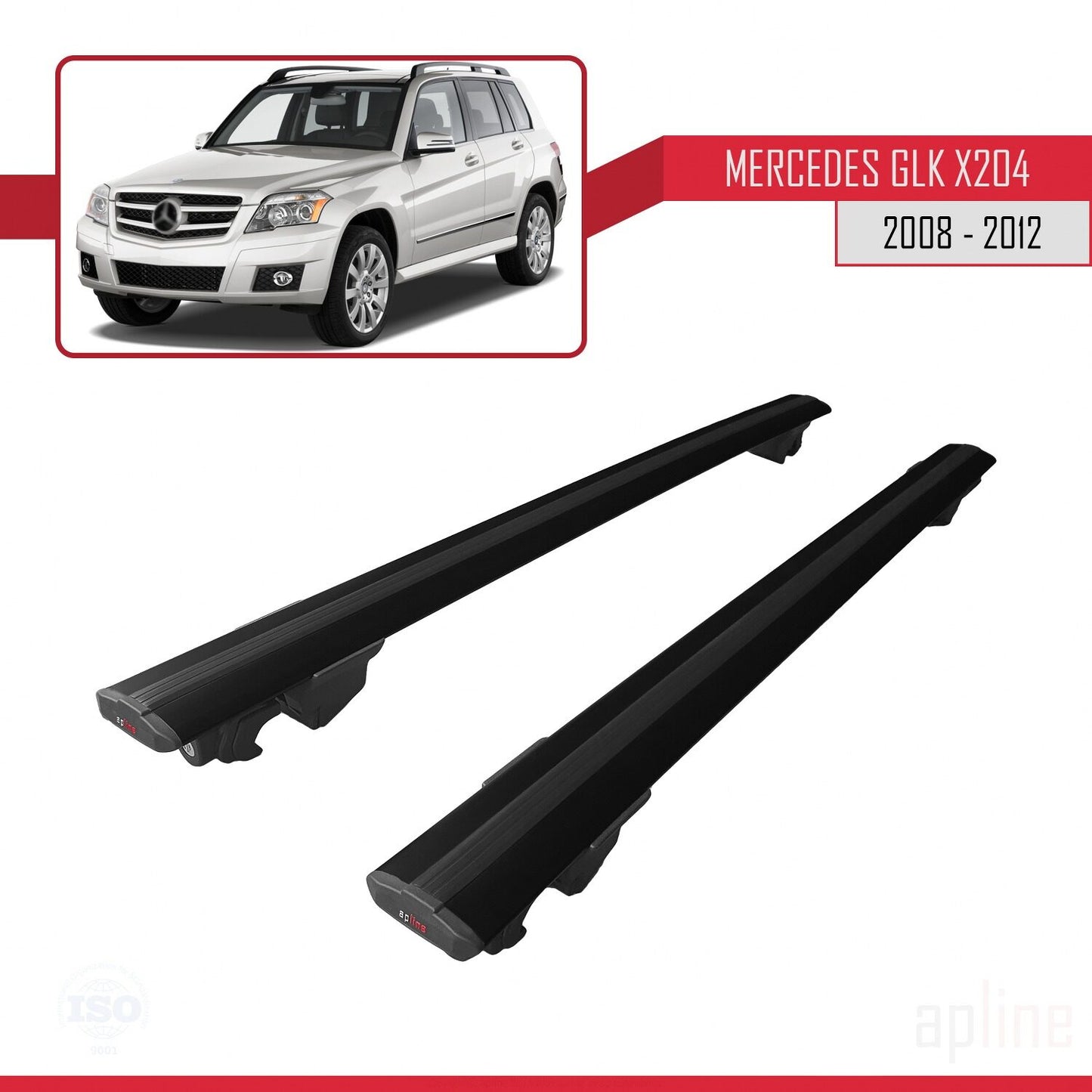 Compatible with Mercedes GLK Class (X204) Pre-Facelift 2008-2012 HOOK Model Car Roof Rack Cross Bar Black Aluminium 2 Bars