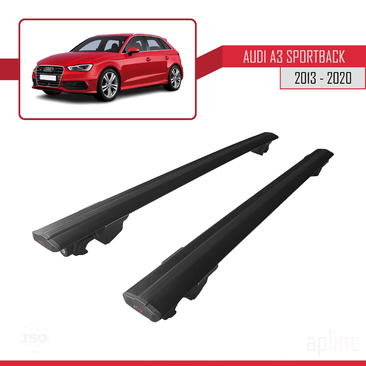 Compatibile con A3 (8V) Sportback 2013-2020 Modello HOOK Barre portatutto per auto Portapacchi in alluminio nero 2 barre
