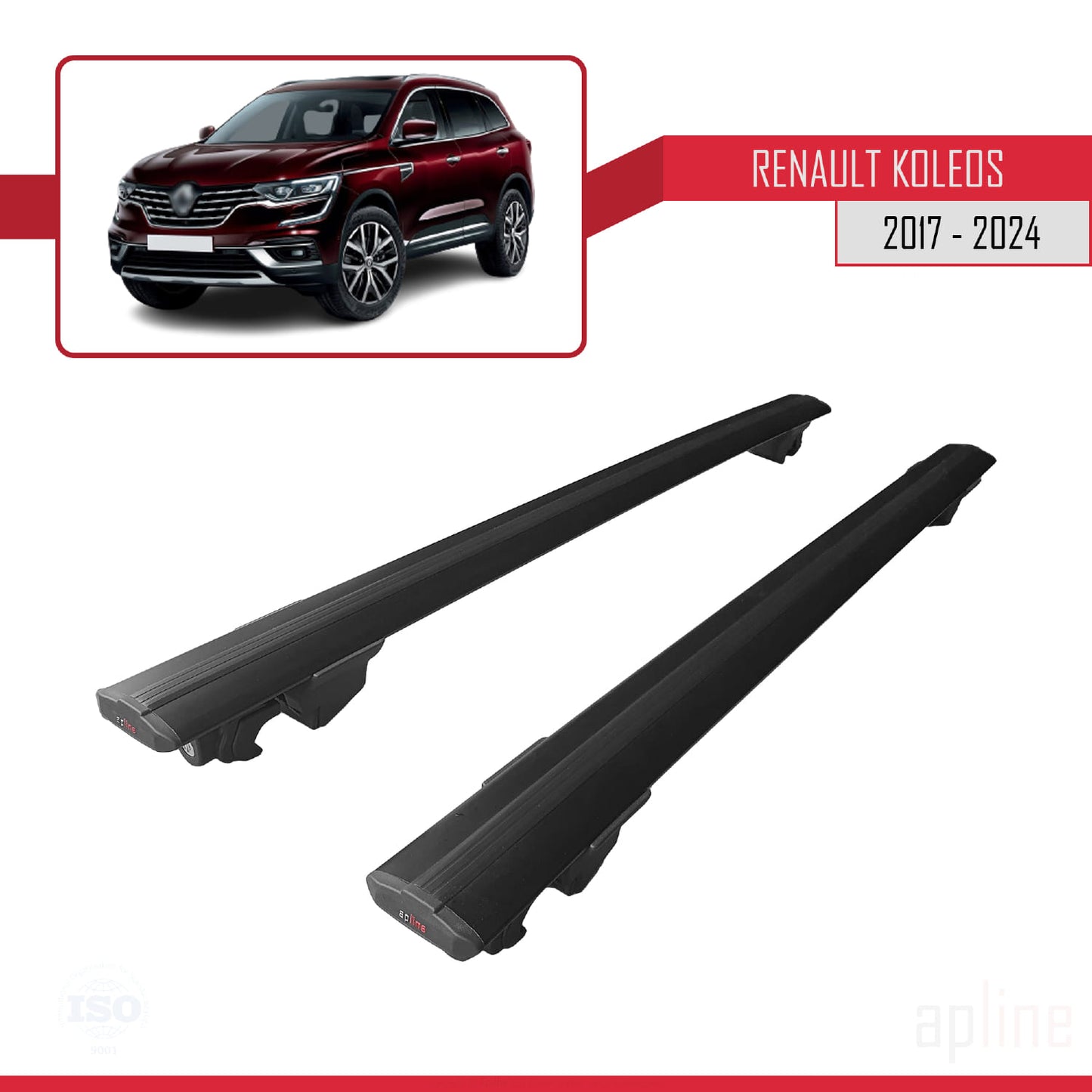Compatible with Renault Koleos 2 (HC) 2017-2024 HOOK Model Car Roof Rack Cross Bar Black Aluminium 2 Bars