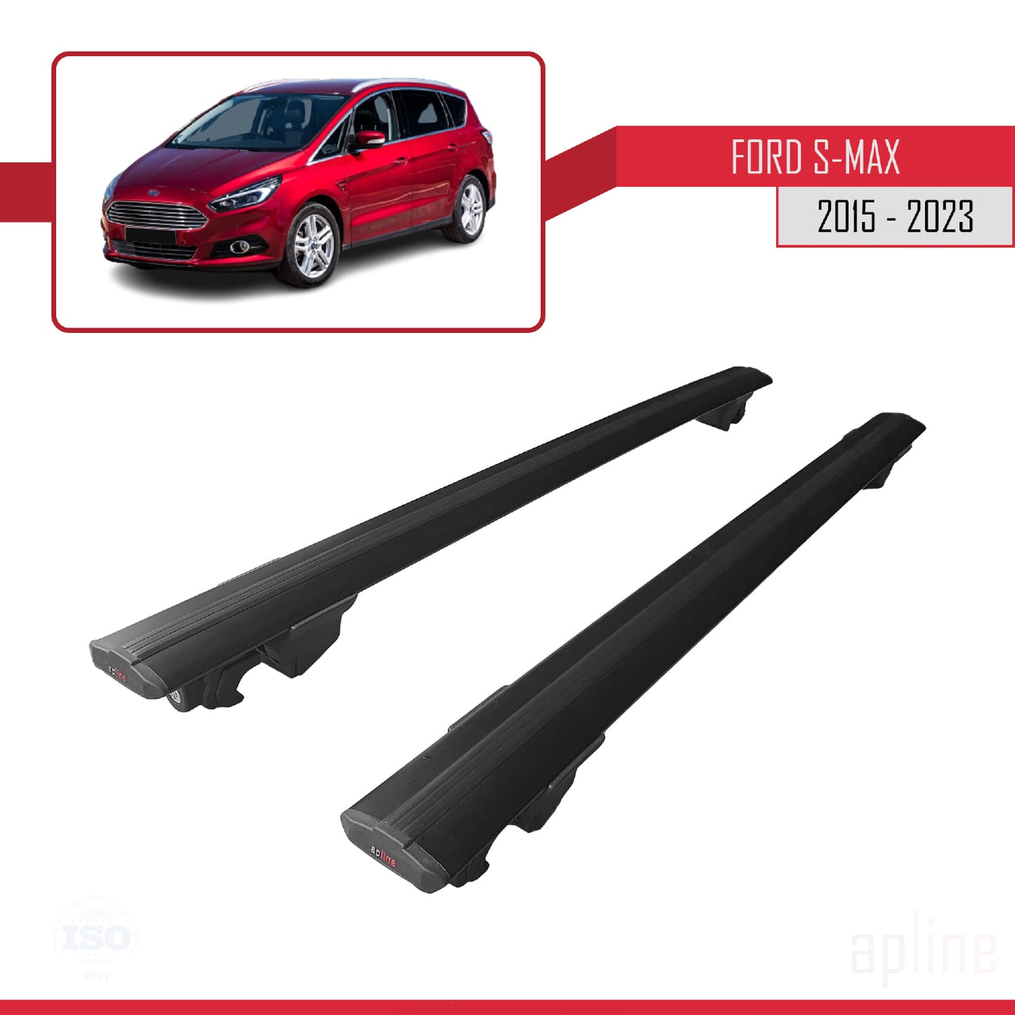 Compatibile con Ford S-Max 2 (CD539) 2015-2023 Modello HOOK Barre portatutto per auto Portapacchi in alluminio nero 2 barre