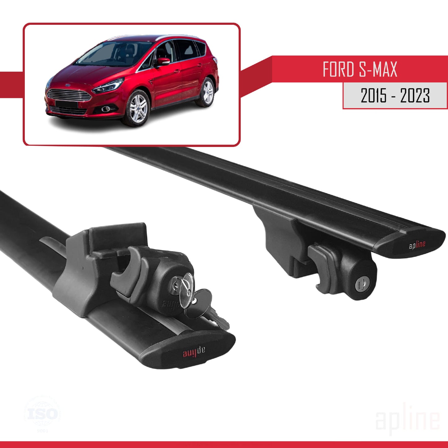 Compatibile con Ford S-Max 2 (CD539) 2015-2023 Modello HOOK Barre portatutto per auto Portapacchi in alluminio nero 2 barre