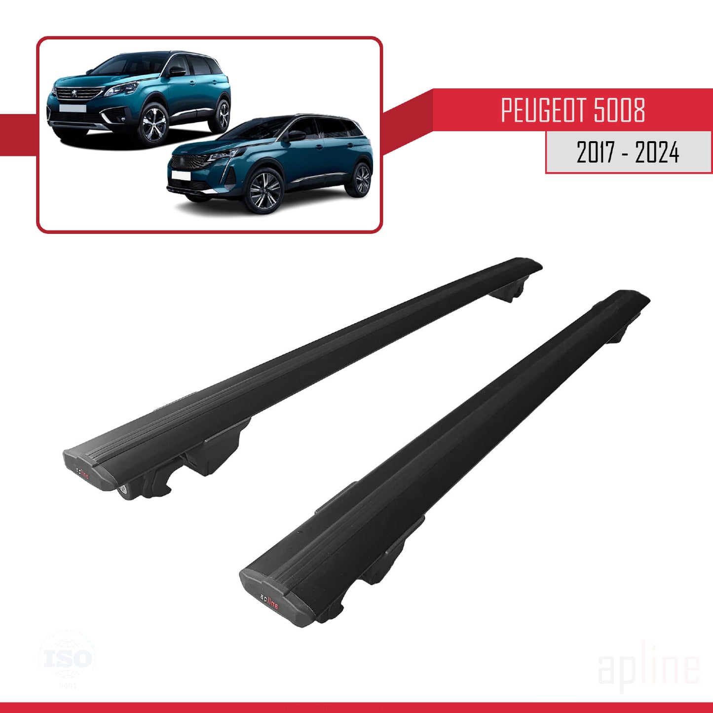 Compatible avec Peugeot 5008 II (P87) 2017-2024 HOOK Model Barres de Toit Railing Porte-Bagages de Voiture Noir Aluminium 2 Barres