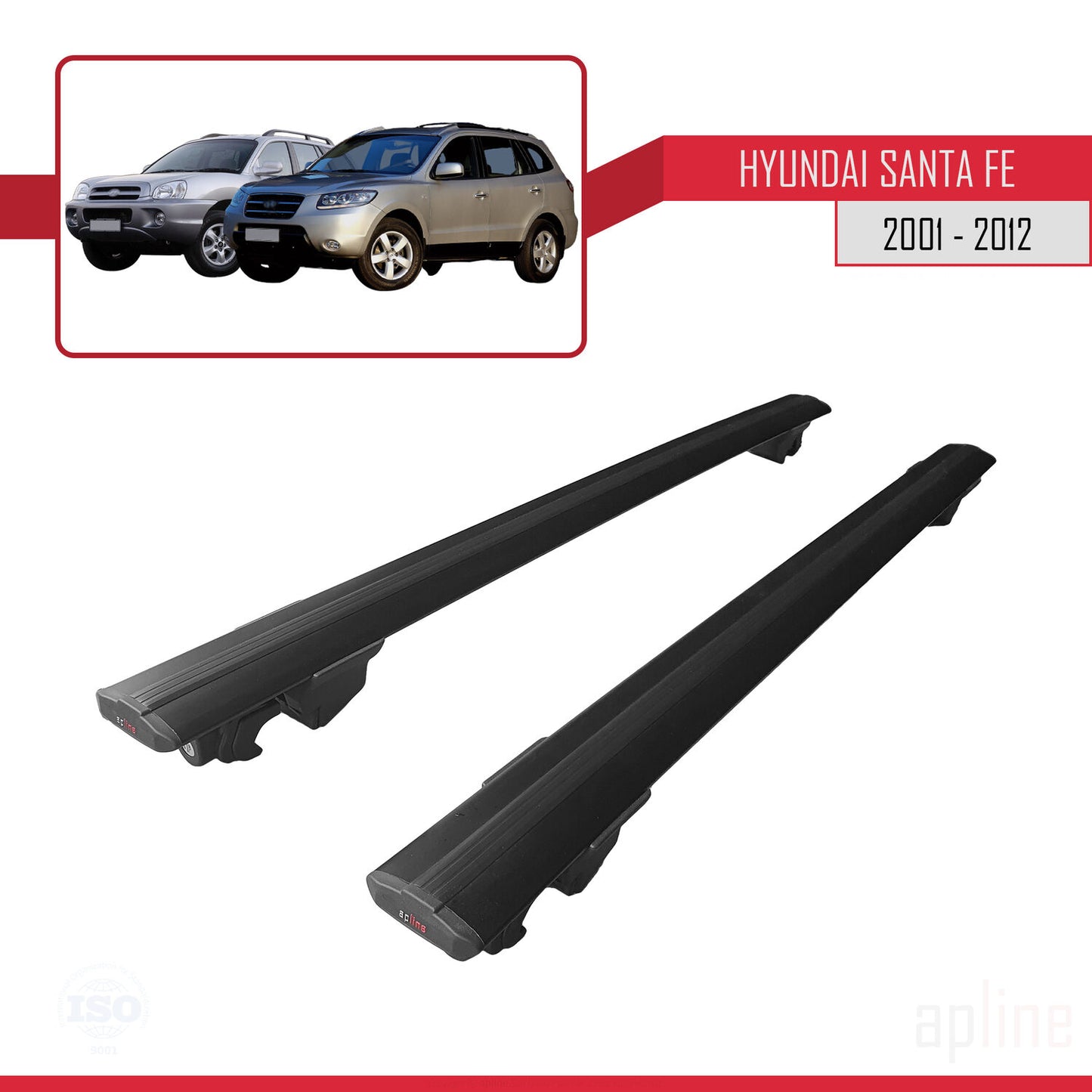 Compatibile con Hyundai Santa Fe (SM/CM) 2001-2012 modello HOOK Barre portatutto per auto Portapacchi in alluminio nero 2 barre