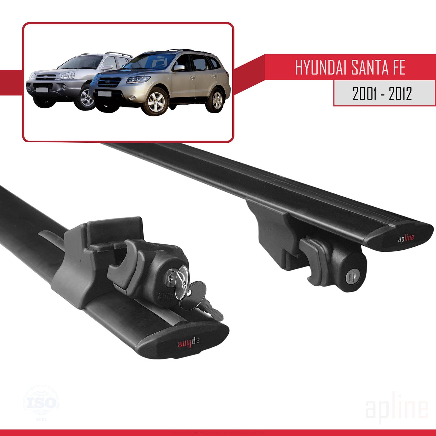 Compatibile con Hyundai Santa Fe (SM/CM) 2001-2012 modello HOOK Barre portatutto per auto Portapacchi in alluminio nero 2 barre