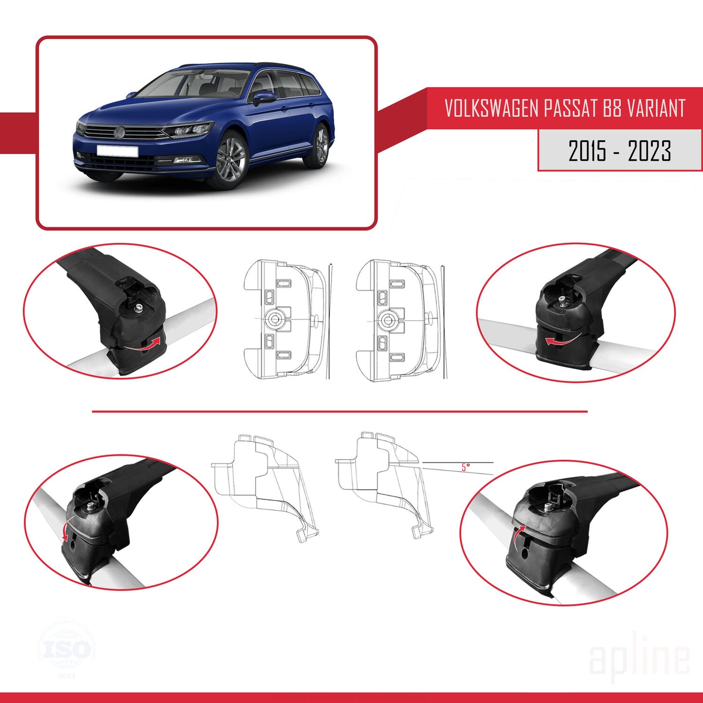 Compatible avec Volkswagen Passat B8 (3G) Variant 2015-2023 ACE-2 Barres de Toit Railing Porte-Bagages de Voiture Noir Aluminium 2 Barres