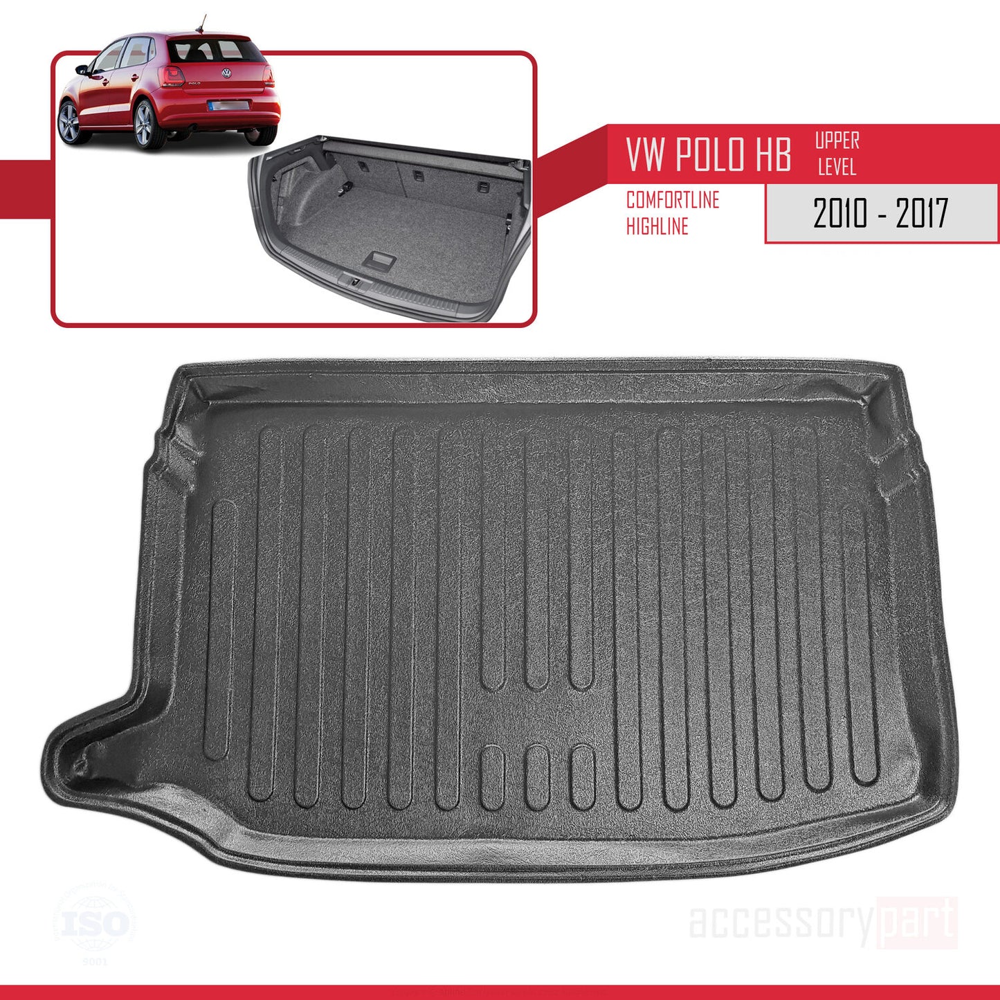 Compatibile con Volkswagen Polo 5 (Cline-Hline) 2010-2017 Flessibile Vasca Baule Piano di Carico Superiore Tappetino Bagagliaio Nero