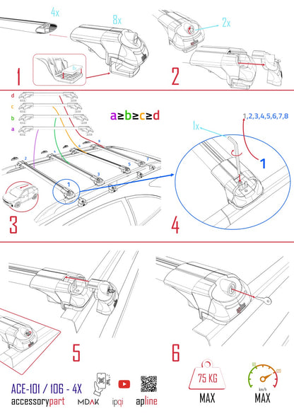 Kompatibel mit Fiat Qubo 2008-2017 ACE-1 Dachgepäckträger, Auto-Reling, Gepäckträger, schwarzes Aluminium, 4 Stangen