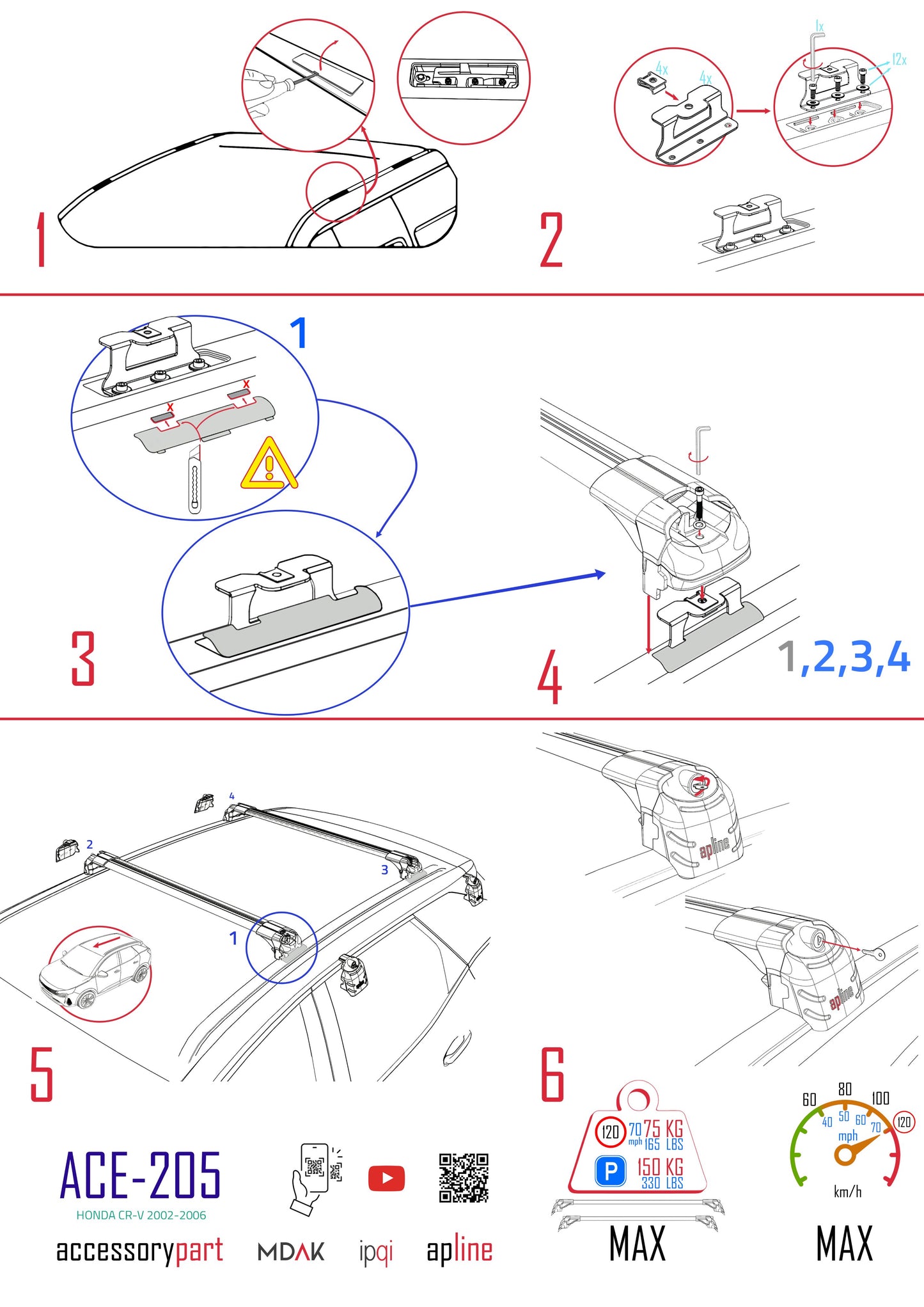 Compatibile con Honda CR-V 2 2002-2006 ACE-2 Barre Tetto Portapacchi Auto Barre Portatutto Nero Alluminio 2 Barre