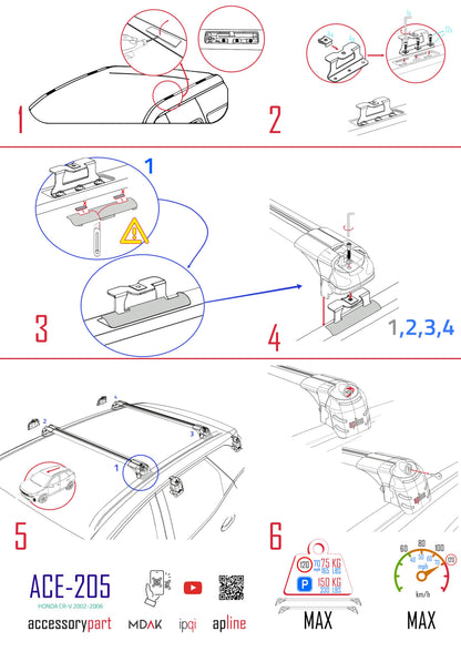 Compatibile con Honda CR-V 2 2002-2006 ACE-2 Barre Tetto Portapacchi Auto Barre Portatutto Grigo Alluminio 2 Barre