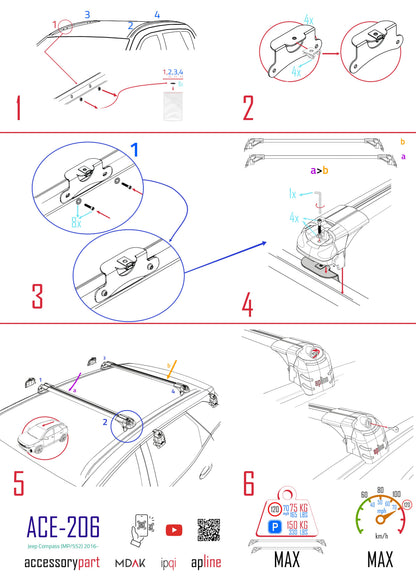 Compatibile con Jeep Compass 2017-2025 ACE-2 Barre Tetto Portapacchi Auto Barre Portatutto Nero Alluminio 2 Barre
