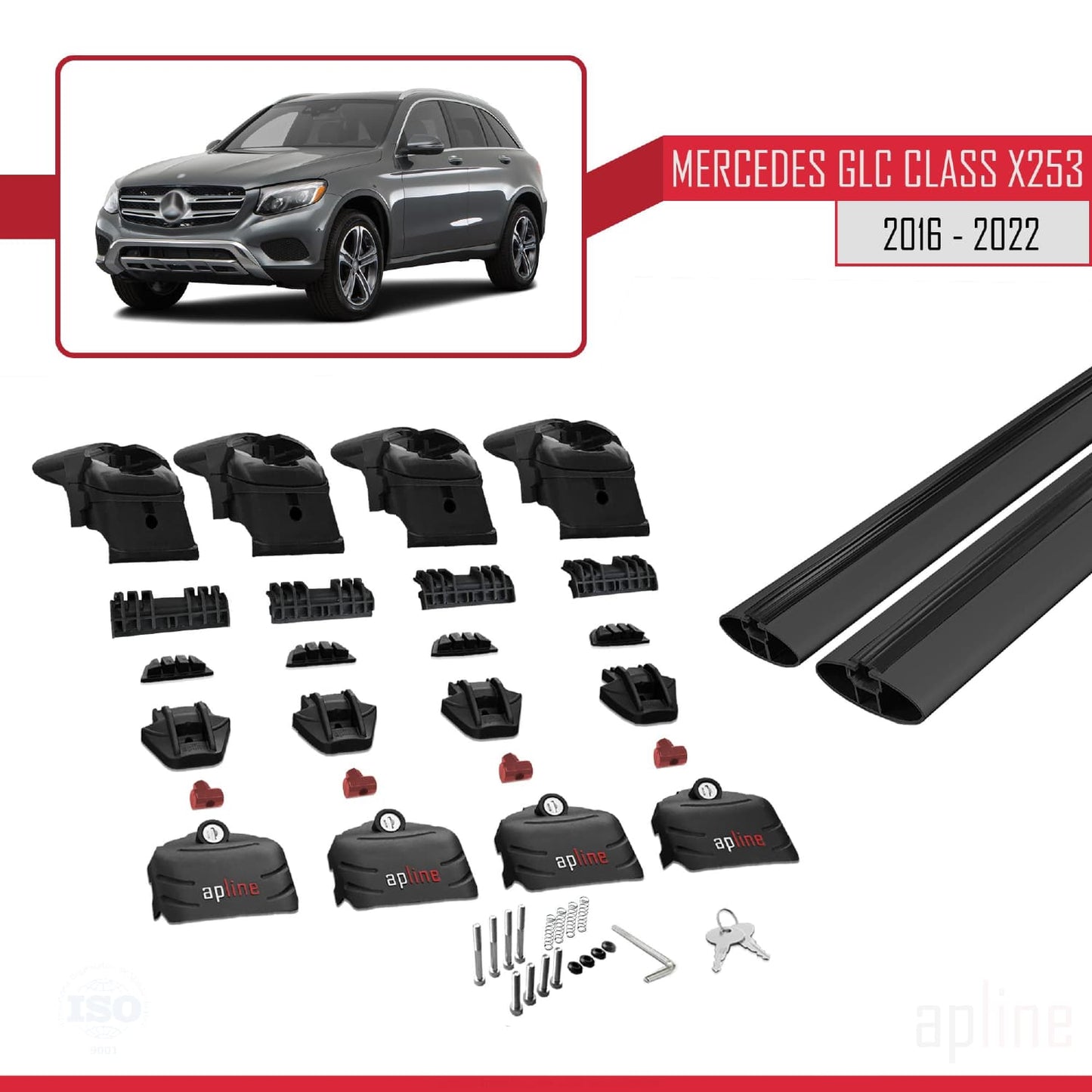 Compatible avec Mercedes Classe GLC (X253) 2016-2022 (pas de toit ouvrant) ACE-2 Barres de Toit Railing Porte-Bagages de Voiture Noir Aluminium 2 Barres