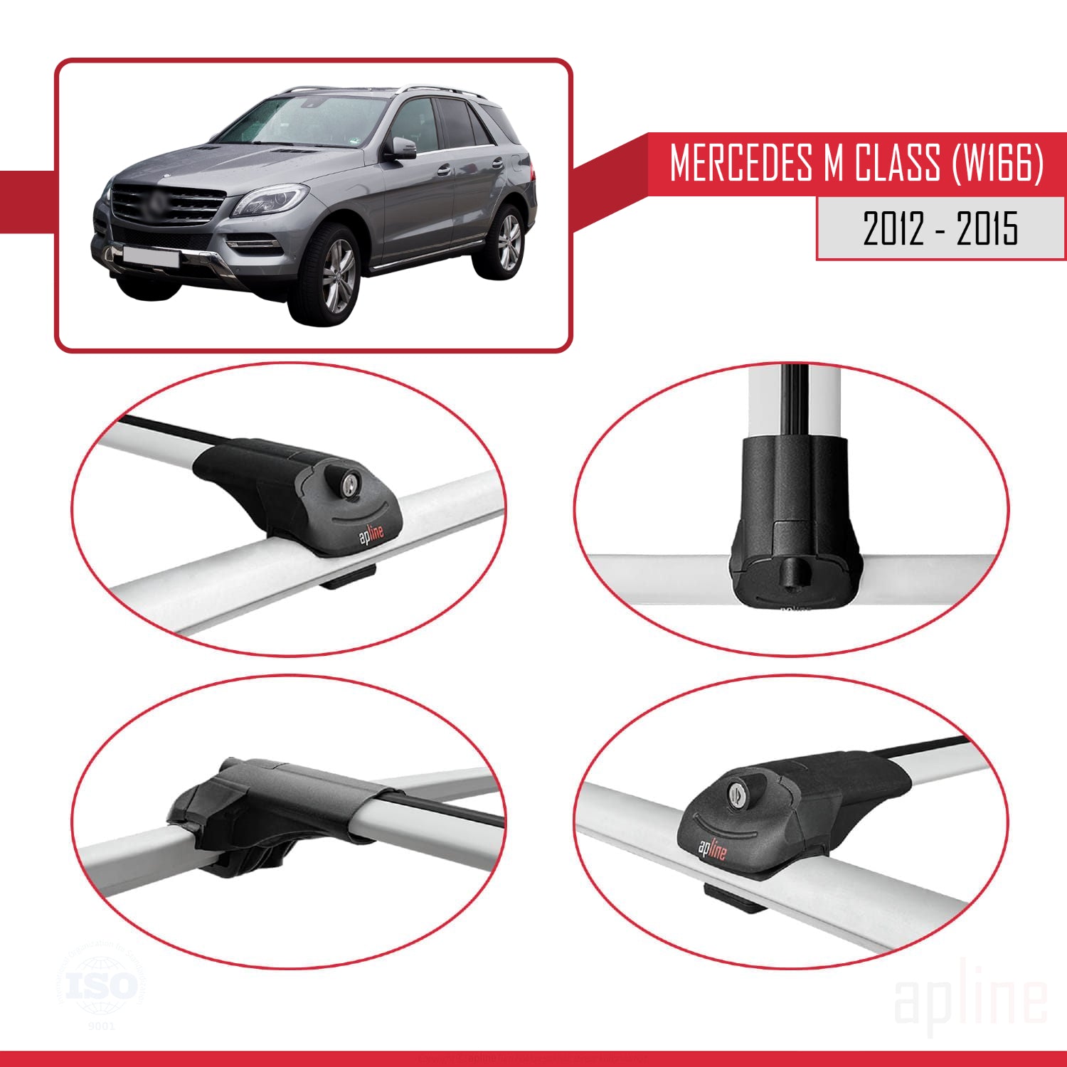 Compatible avec Mercedes M Class 3 (W166) Pre-Facelift 2012-2015 ACE-1 Barres de Toit Railing Porte-Bagages de Voiture Gris Aluminium 2 Barres