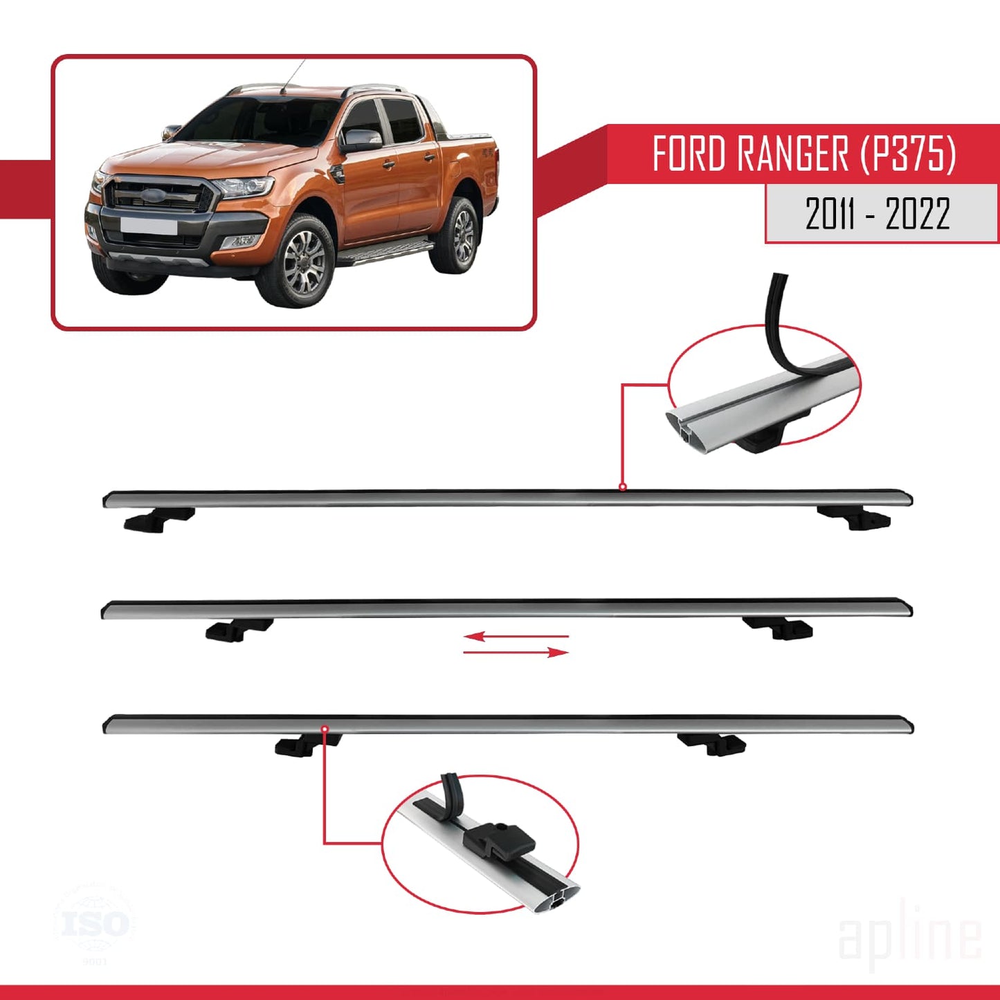 Compatibile con Ford Ranger (P375) 2011-2022 modello BASIC Barre portatutto per auto Portapacchi in alluminio grigio 3 barre