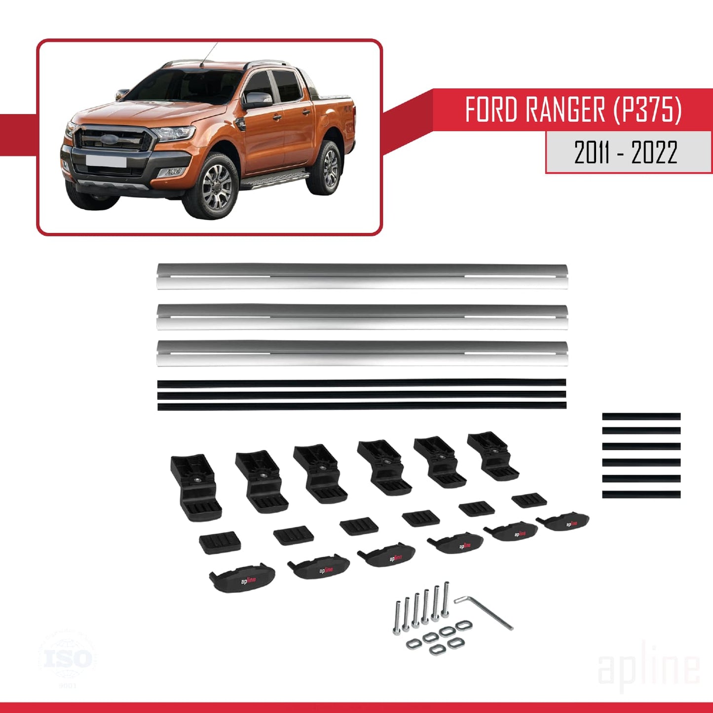 Compatibile con Ford Ranger (P375) 2011-2022 modello BASIC Barre portatutto per auto Portapacchi in alluminio grigio 3 barre