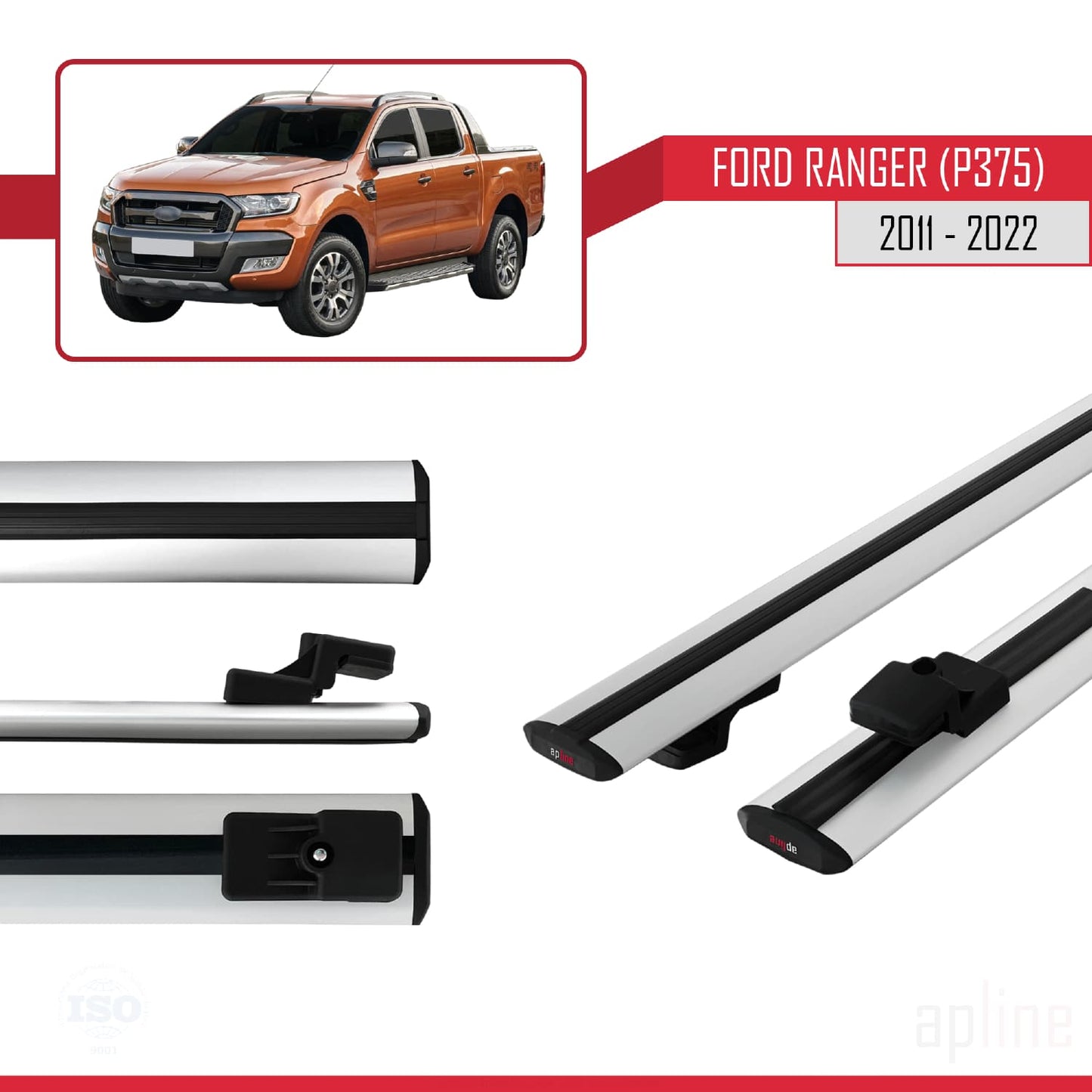 Compatibile con Ford Ranger (P375) 2011-2022 modello BASIC Barre portatutto per auto Portapacchi in alluminio grigio 2 barre