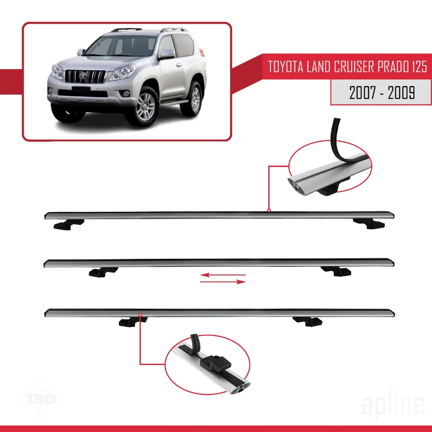 Compatible avec Toyota Land Cruiser Prado (J125) 2007-2009 BASIC Model Barres de Toit Railing Porte-Bagages de Voiture Gris Aluminium 2 Barres