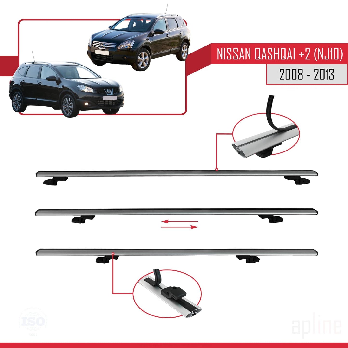 Compatible avec Nissan Qashqai +2 (NJ10) 2008-2013 BASIC Model Barres de Toit Railing Porte-Bagages de Voiture Gris Aluminium 3 Barres