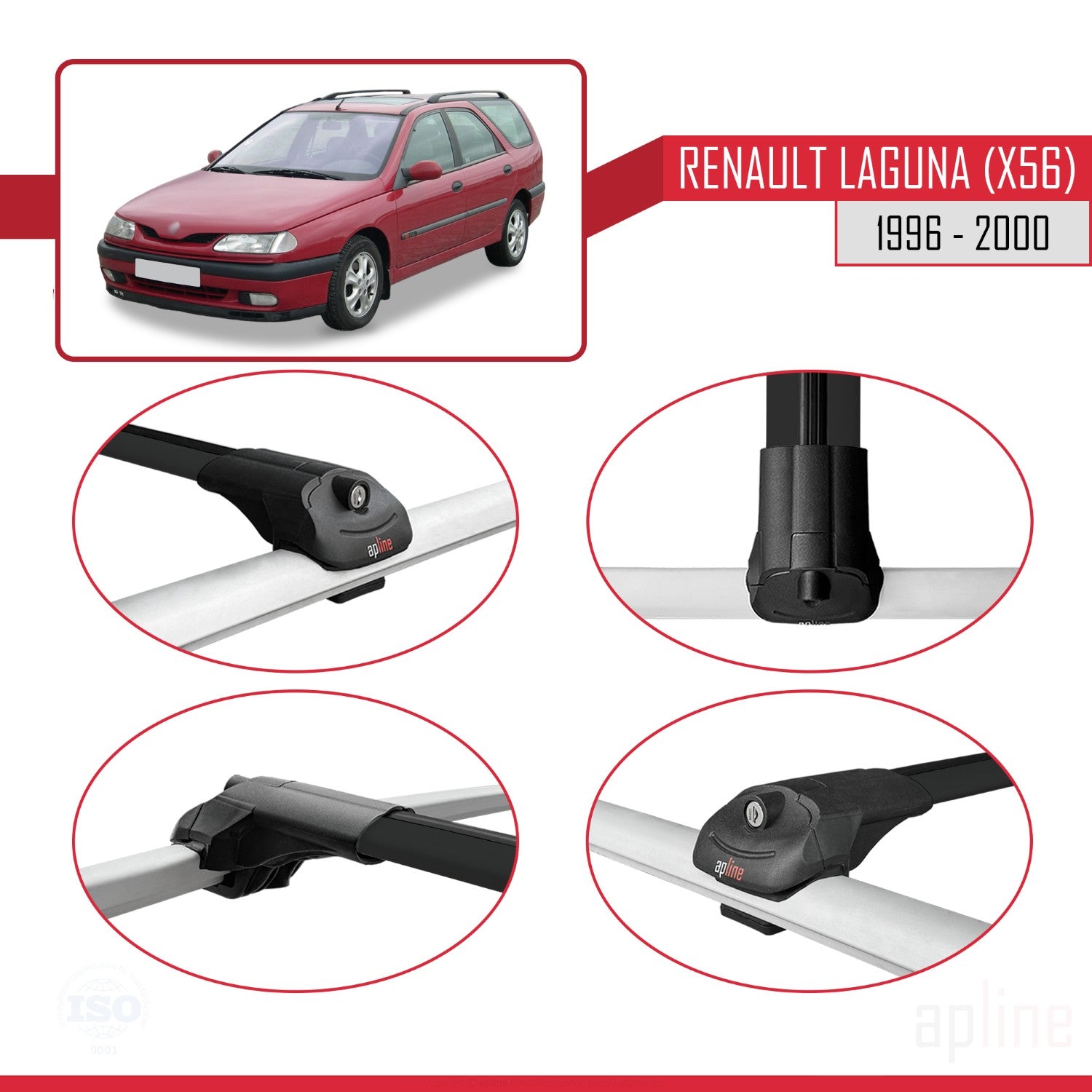 Compatible avec Renault Laguna (X56) 1996-200 ACE-1 Barres de Toit Railing Porte-Bagages de Voiture Noir Aluminium 2 Barres
