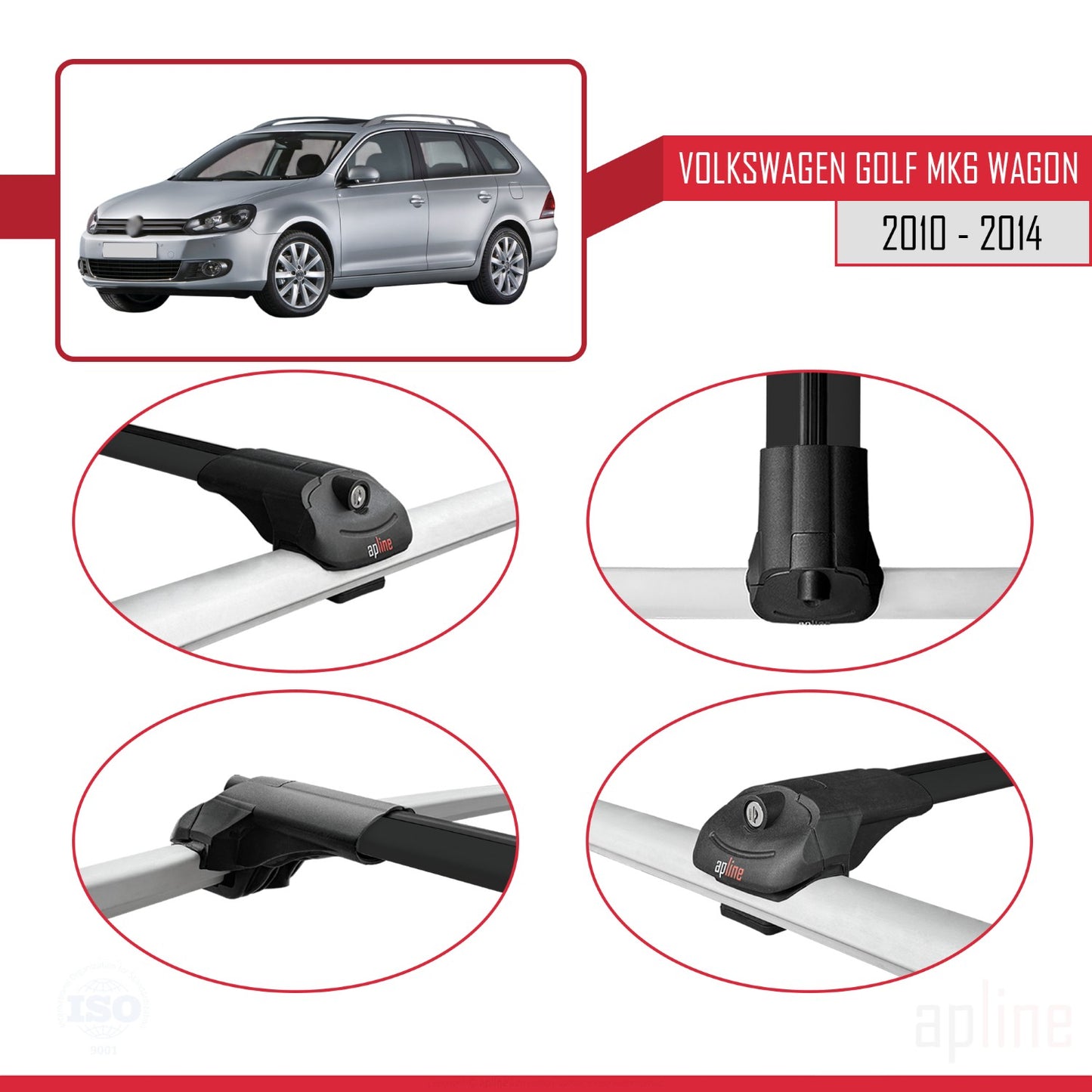 Compatible avec VW Golf Mk6 Wagon 2010-2014 ACE-1 Barres de Toit Railing Porte-Bagages de Voiture Noir Aluminium 2 Barres