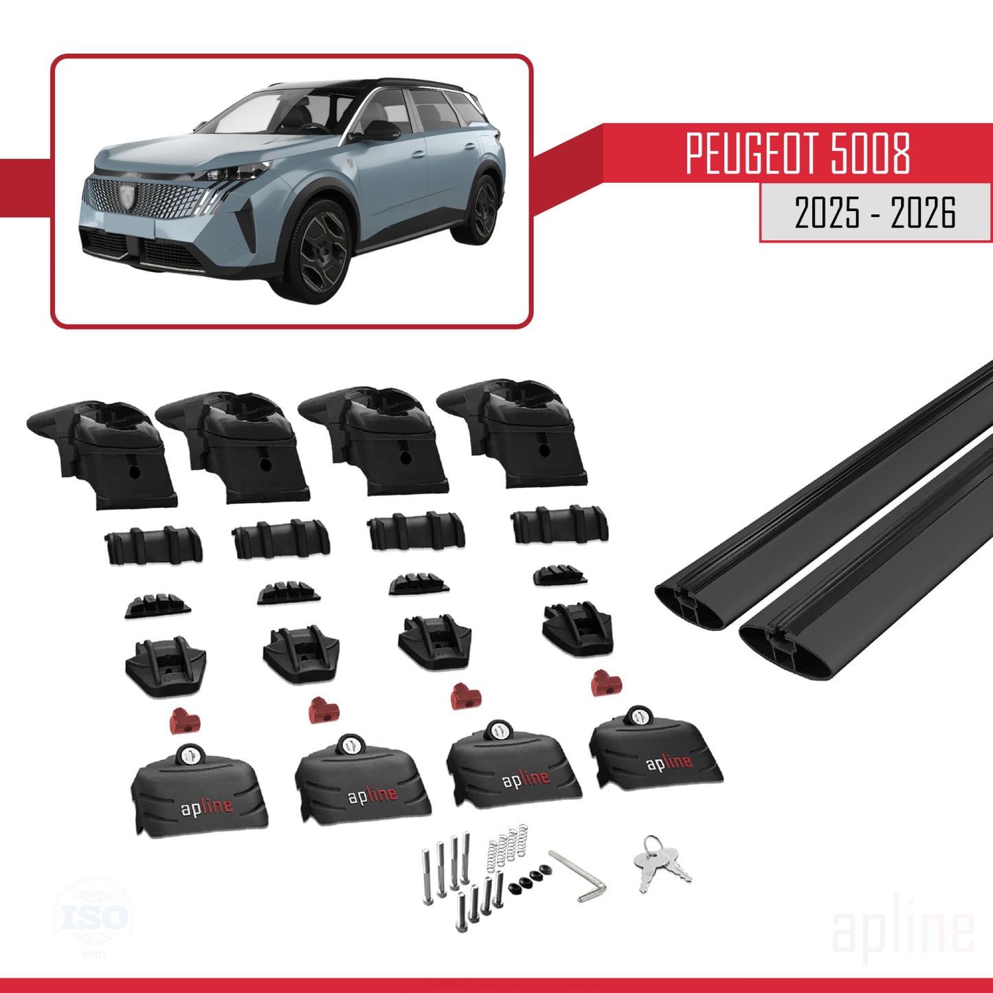 Compatible avec Peugeot 5008 2025-2026 ACE-2 Barres de Toit Railing Porte-Bagages de Voiture Noir Aluminium 2 Barres