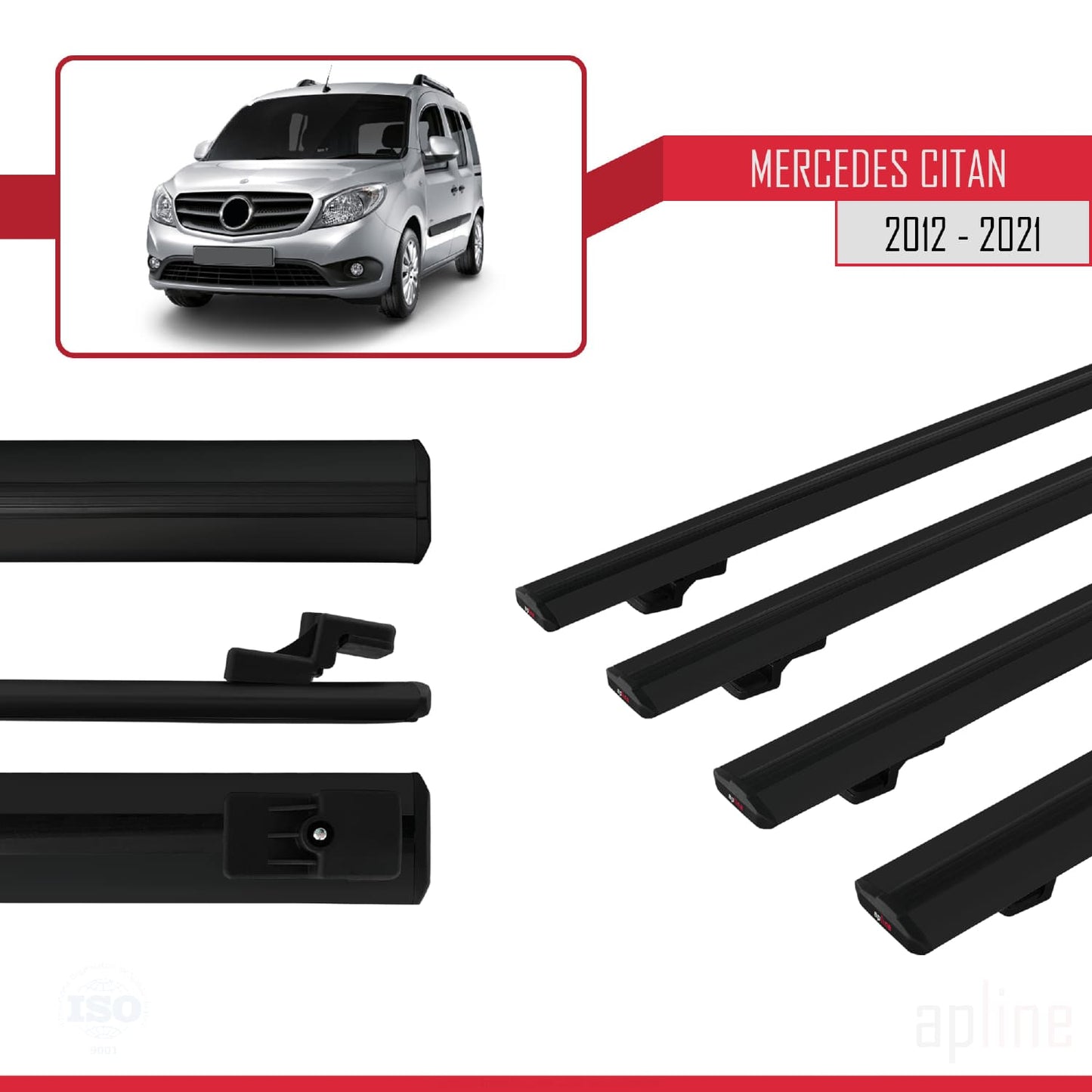 Compatible avec Mercedes Citan (W415) 2012-2021 BASIC Model Barres de Toit Railing Porte-Bagages de Voiture Noir Aluminium 4 Barres